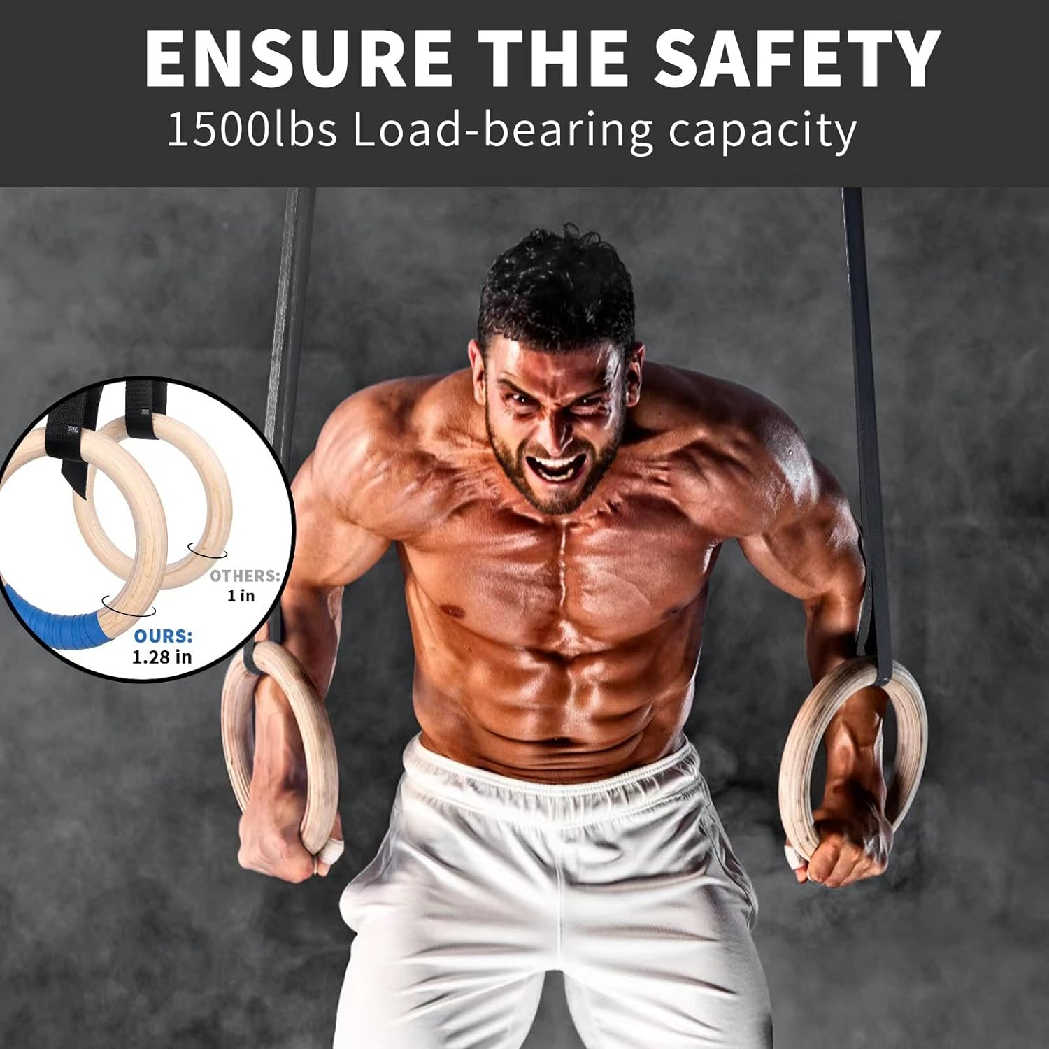 Olympic Gym Rings - Wooden Rings with Adjustable Cam Buckle, 14.8Ft Long Straps, Non-Slip, Full Body Workout image number 1