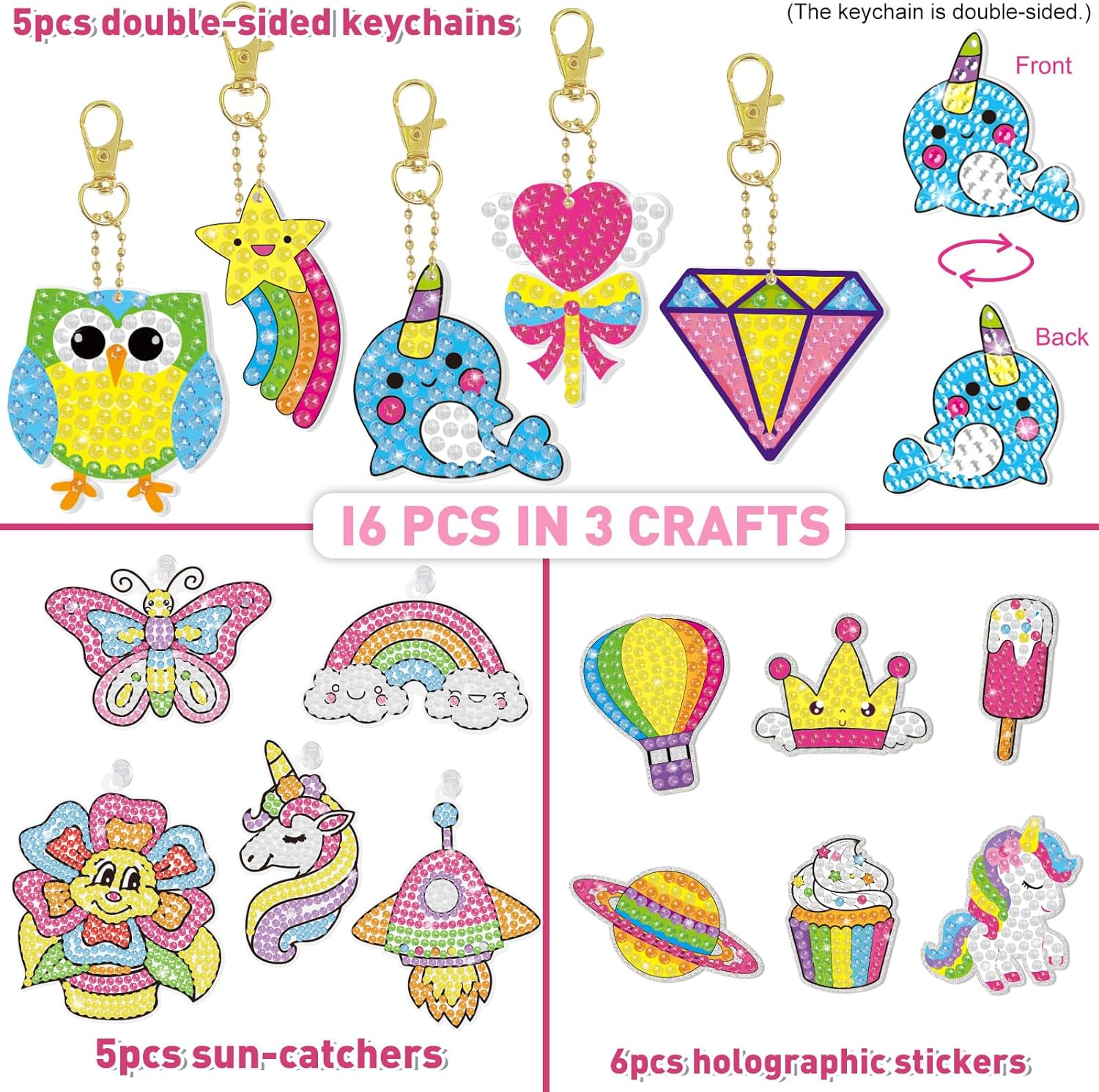 BANBBUR 16 Pcs Gem Art Kit for Kids Age 4-8, 8-12 - 5D Gem Diamond Art with 5 Suncatchers/5 Keychains/6 Magical Stickers - Painting Crafts for Christmas image number 4