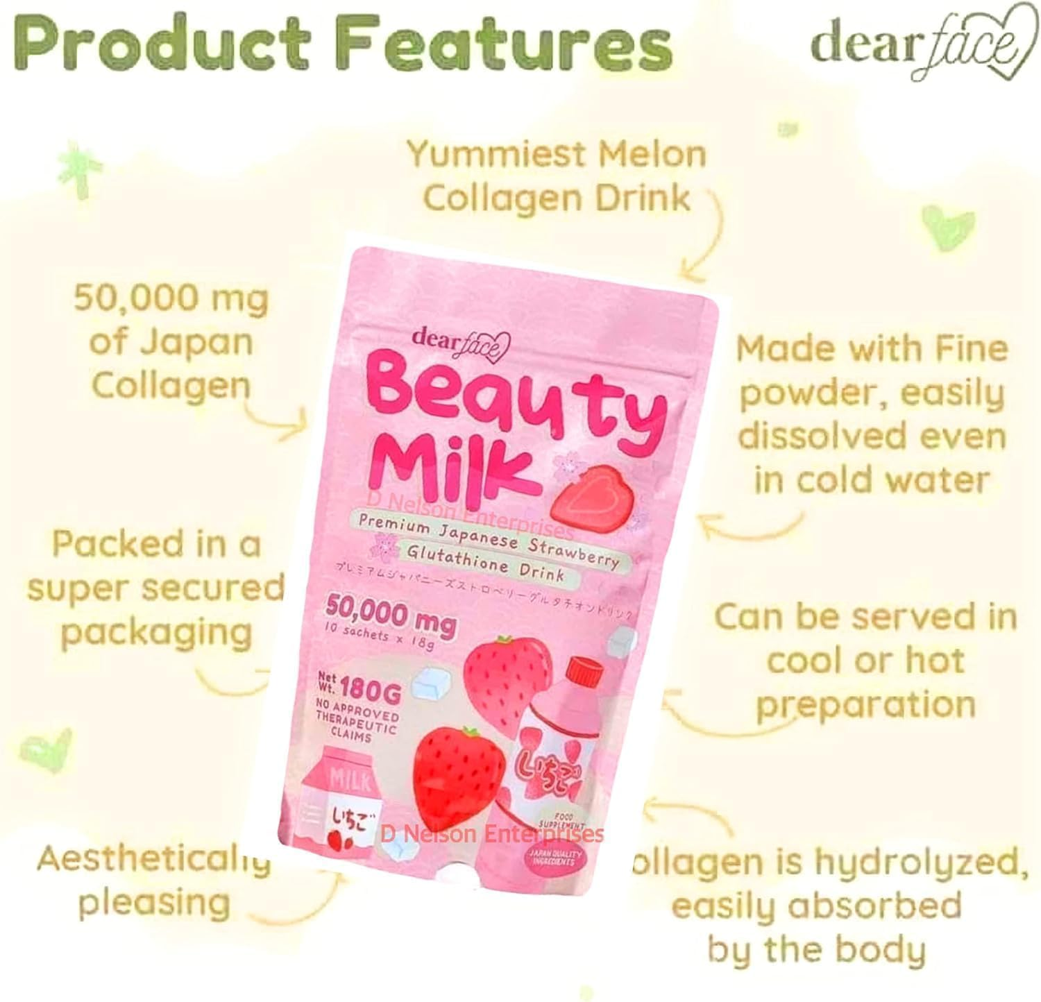 DEAR FACE Beauty Milk Japanese Collagen Strawberry Drink - 50,000Mg Hydrolyzed Collagen, 10 X 18G Sachets (Pack of 1) image number 4