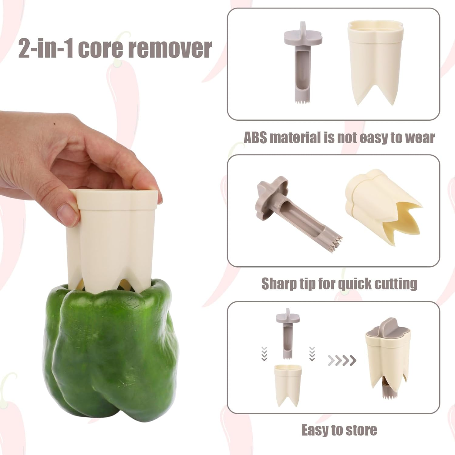 2 in 1 Pepper Corer, Bell Pepper Cutter 2 in 1 Fruit Pepper Corer Pepper Deseeder Pepper Corer and Deseeder for Kitchen Home Family Camping(Off White) image number 2
