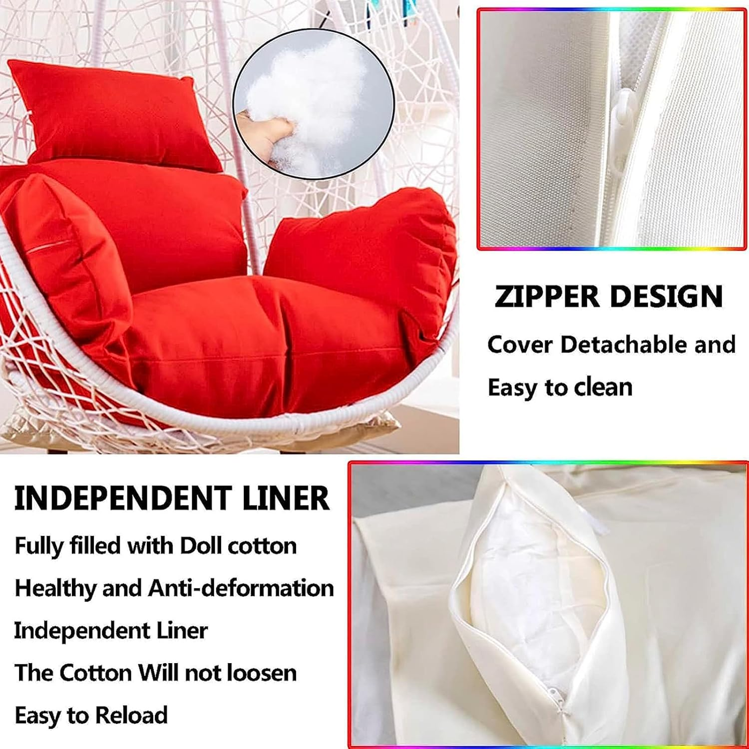 Cushion Egg Swing Cushion, Fluffy Outdoor Hanging Chair Cushion, Waterproof Replacement Cover for Hanging Chair Cushion, Hanging Chair Cushion with Headrest and Armrests, Orange image number 1