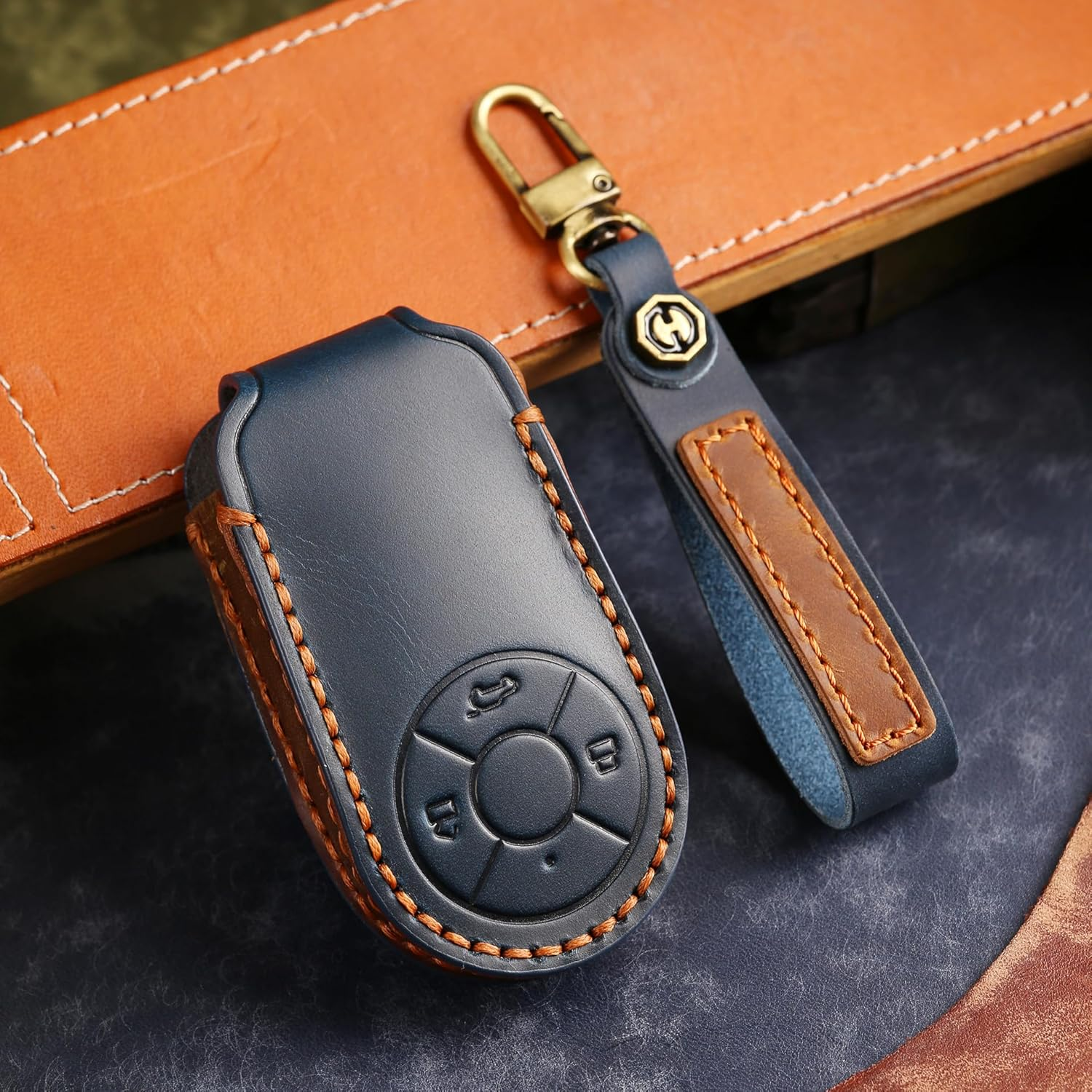 Ontto Car Key Cover Fit for GWM HAVAL H6 M6 ORA Good Cat White Cat IQ Car-Styling Handmade Leather Key Case Holder Keyring Key Chain Smart Key Shell Bag Accessories - Black image number 6