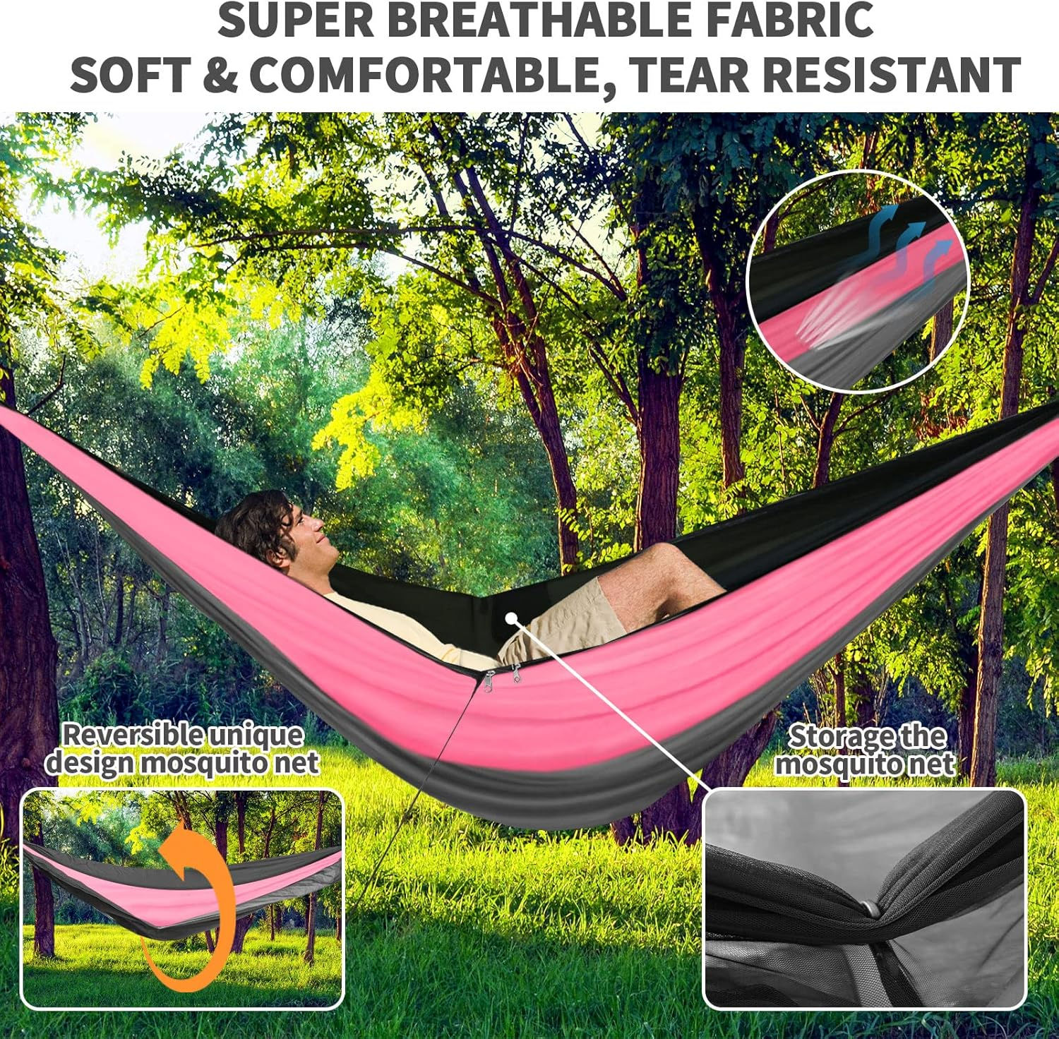 Camping Hammock Pink Grey Hammocks with Mosquito Net Tent and Rain Fly Tarp Portable Single & Double Nylon Parachute Hammock with Heavy Duty Tree Strap Outdoor Backpacking Survival Travel - Blue image number 3