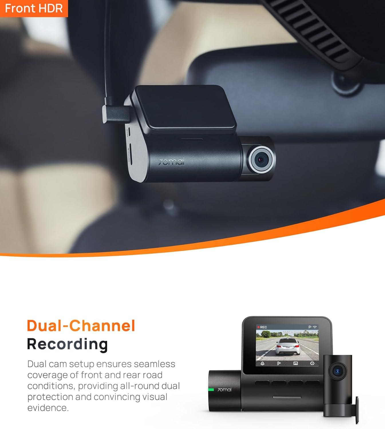 70Mai Smart Dash Cam A200, Front and Rear, Built-In Wifi GPS Smart Dash Camera for Cars, ADAS, HDR, 2'' IPS LCD Screen, Night Vision image number 6