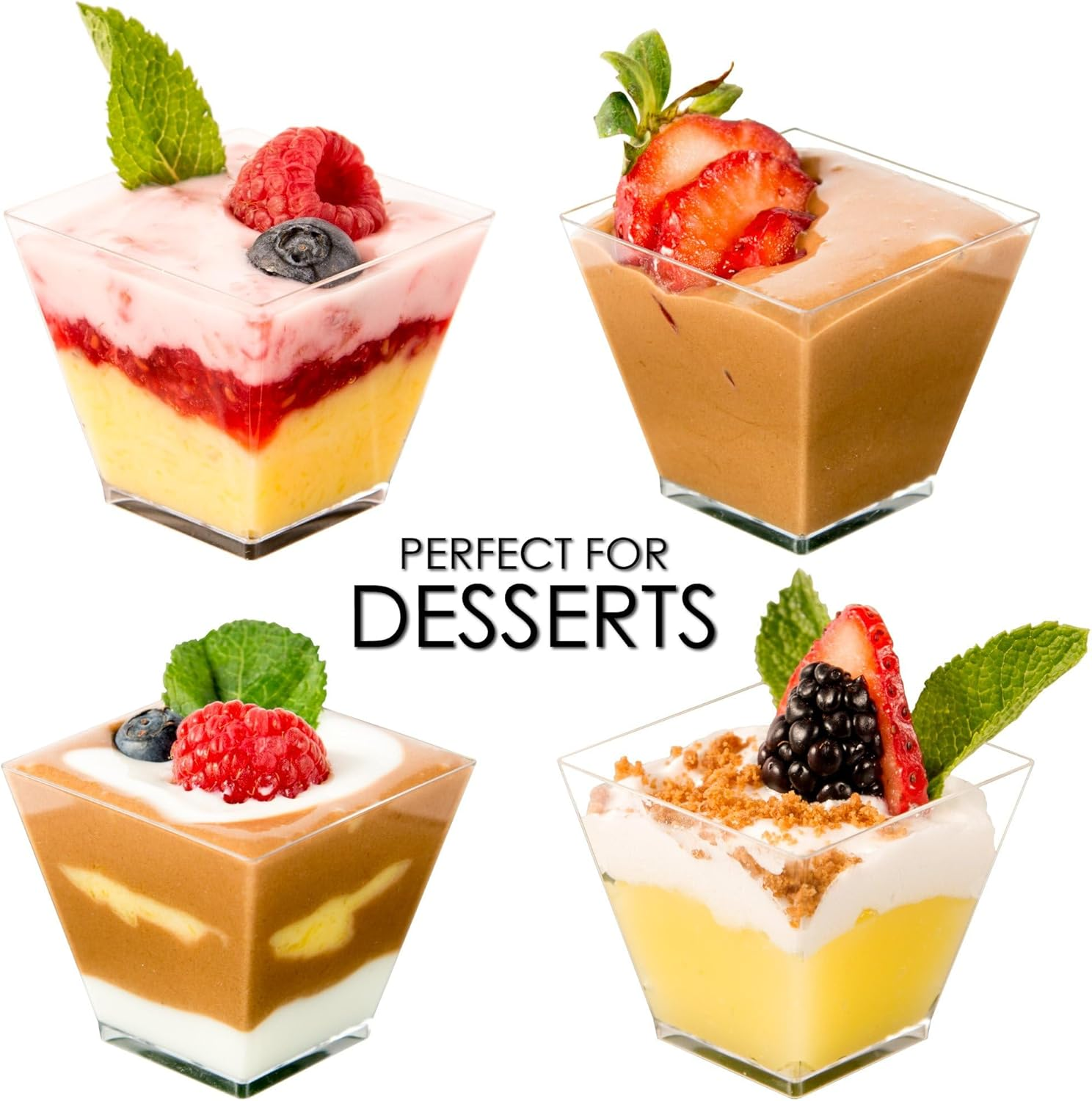 Dlux Mini Dessert Cups with Spoons (105 Ml X 50 Pcs) Clear Plastic Parfait Appetizer Cups, Square Medium 3.5 Oz Small Reusable Bowl for Party Desserts Appetizers - with Recipe Ebook image number 5