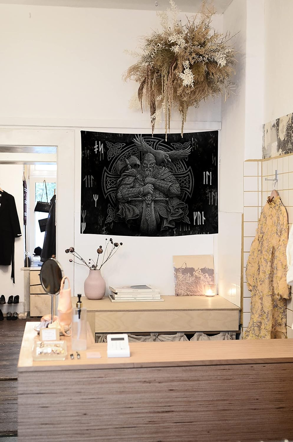 Norse Viking Tapestry Odin Warrior Sword Axe Raven Tapestries Square Knot Tattoo Art Wall Hanging Nordic Meditation Runes for Men Bedroom Aesthetic Room Home Decor 80" X 60"