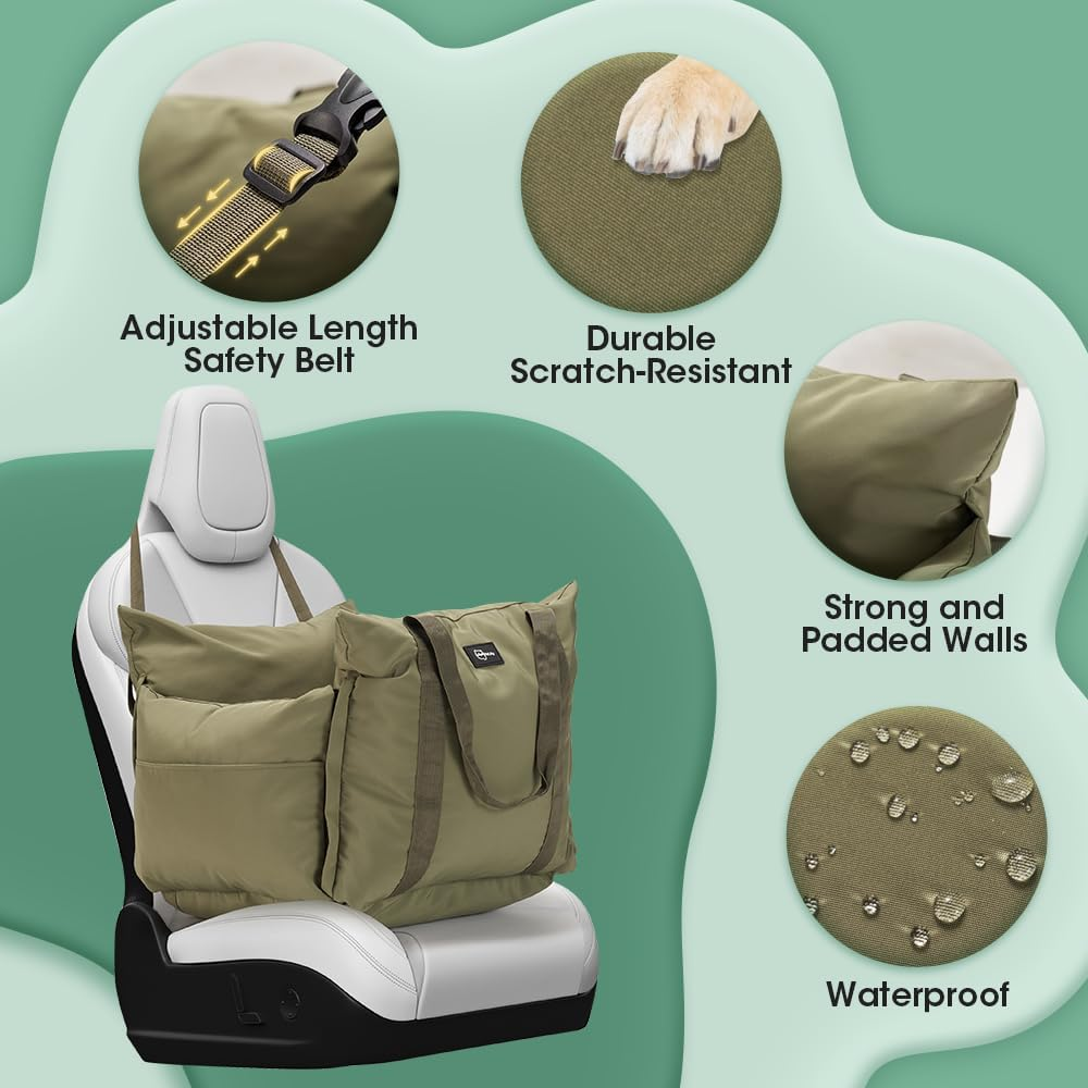 3-In-1 Dog Car Seats for Small Dogs Cats, Waterproof Portable Dog Booster Car Seat with Side Pocket, Clip-On Safety Leash, Hand Held Shoulder Carrier, Soft Pet Travel Seats for Puppy, Green image number 2