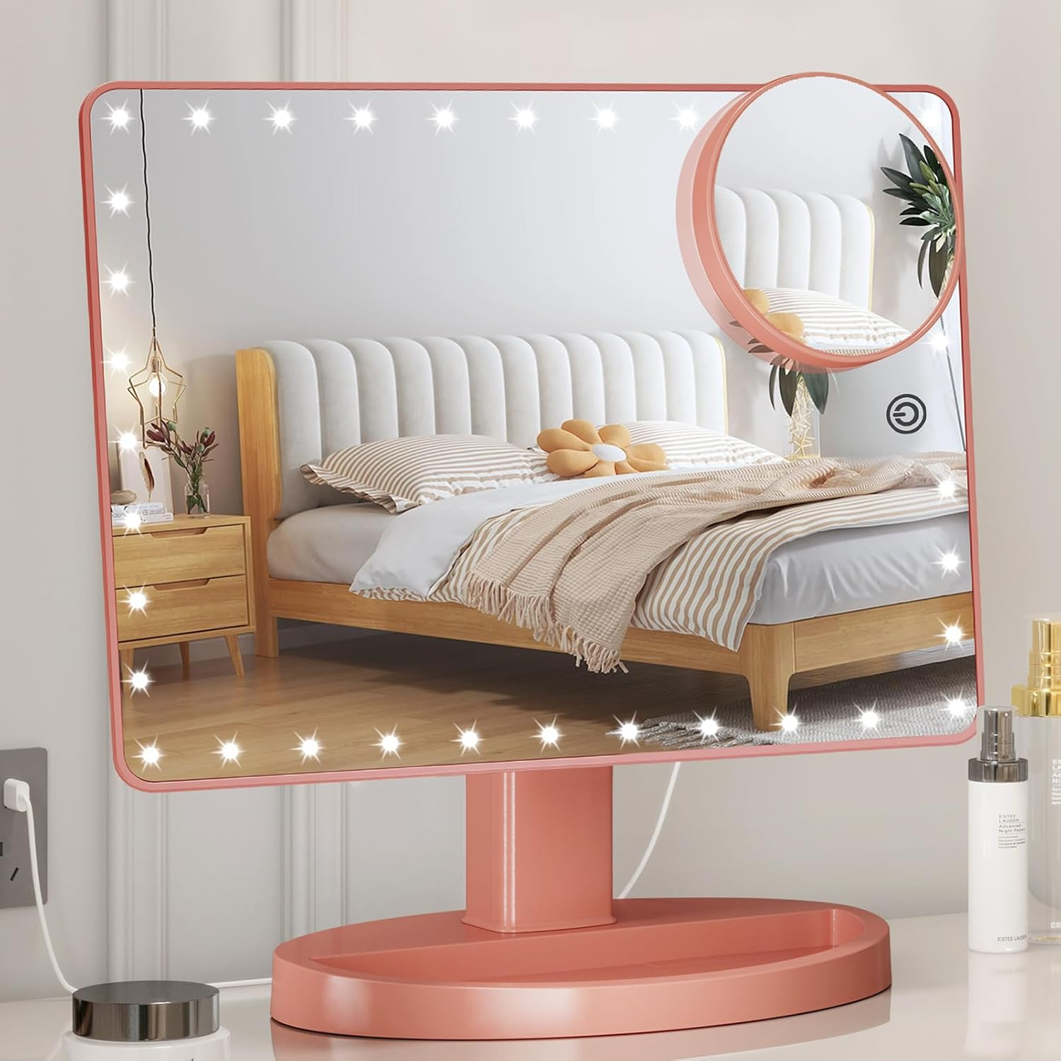 Large Lighted Vanity Makeup Mirror (X-Large Model), Funtouch Light up Mirror with 35 LED Lights, Touch Screen and 10X Magnification Mirror, 360&deg; Rotation Tabletop Cosmetic Mirror(Rose Gold)