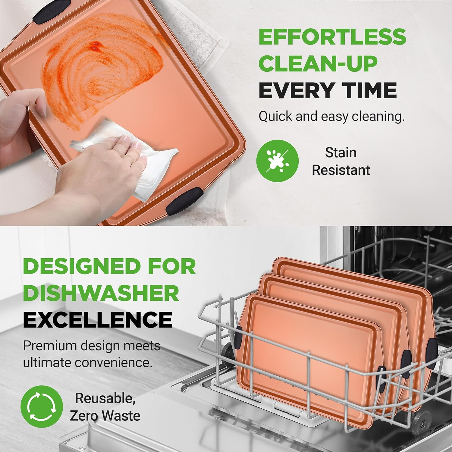 Nutrichef 3 Piece Baking Pan Set - PFOA, PFOS, PTFE Free Flexible Nonstick Carbon Steel Bakeware Set - Home Kitchen Bake Pan Cookie Sheet Stackable Baking Tray Set W/Black Silicone Handles image number 2