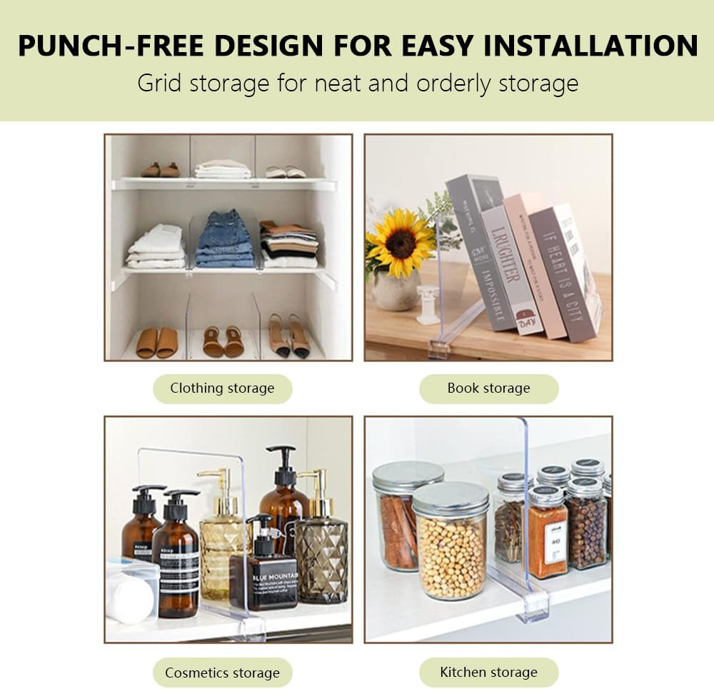 8 PCS Clear Acrylic Shelf Dividers &ndash; Transparent Organizers for Closet, Cabinet, and Office, Separators for Clothes, Purses, Handbags, Books, and More image number 2