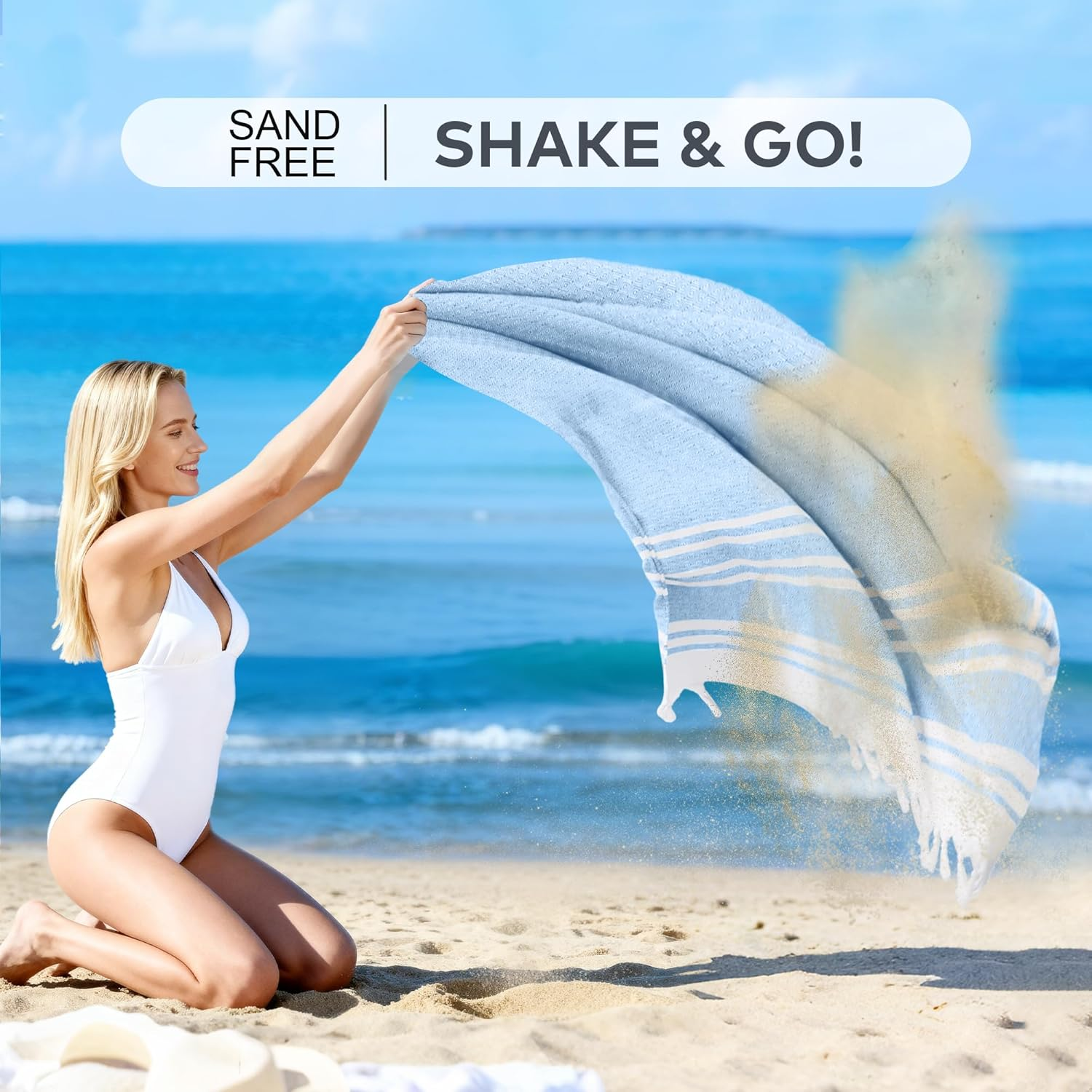 LINENOVA 100% Cotton Turkish Beach Towel 180&times;100Cm, Oversized Absorbent Towels, Sand-Free, Quick Dry & Lightweight Pool Towel for Swimming, Travel, Holiday &ndash; Blue image number 2