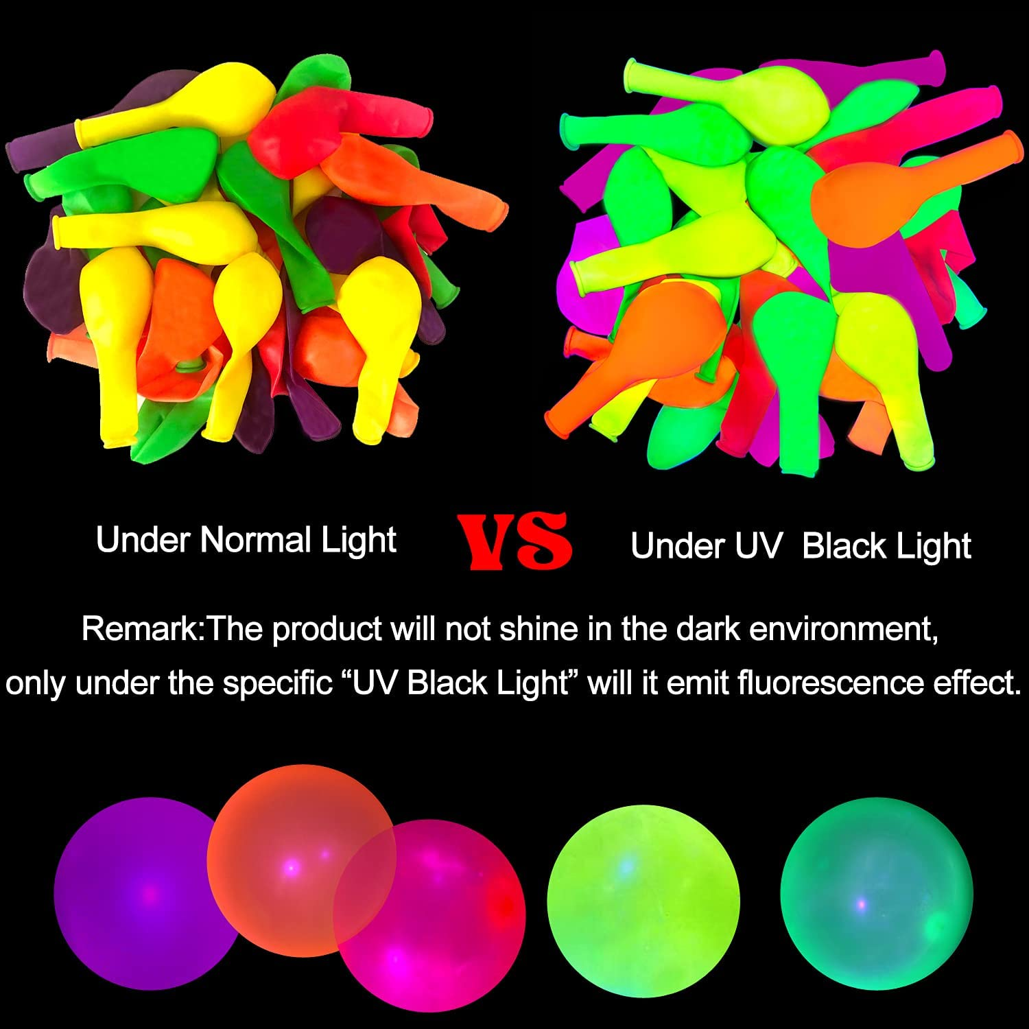 170 Pack UV Glow Balloons 12Inch Neon Blacklight Reactive Latex Balloons Glow in the Dark Fluorescent Helium Balloon for Kids Birthday Decorations Wedding Glow Party Black Light Luminous Balloons image number 1