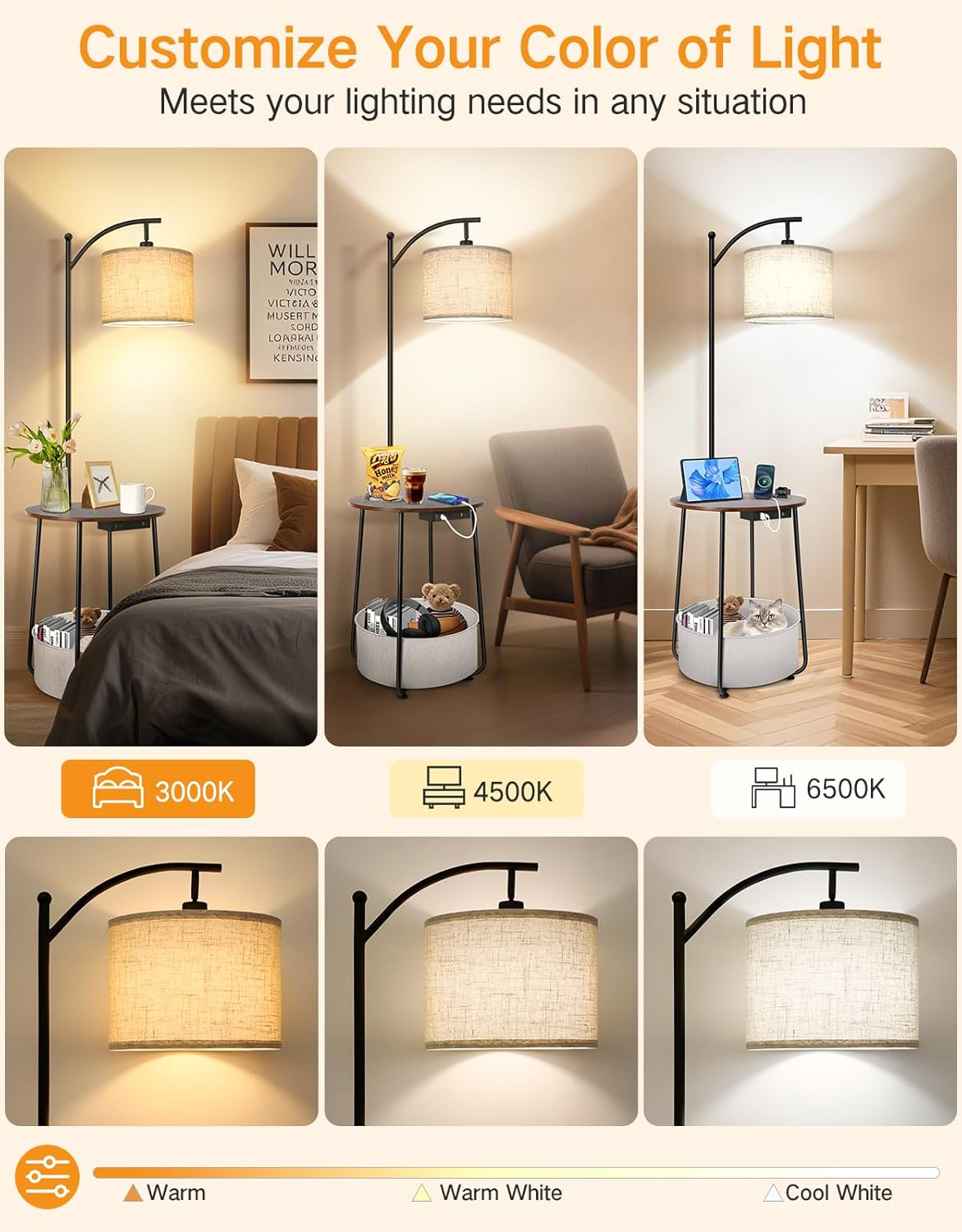 OUTON Floor Lamp with Table, Shelf Floor Lamp with Charging Station, 3 Color Temperatures 12W LED Bulb, Standing Lamp with Fabric Basket for Bedroom Living Room Office, Rustic Brown image number 6