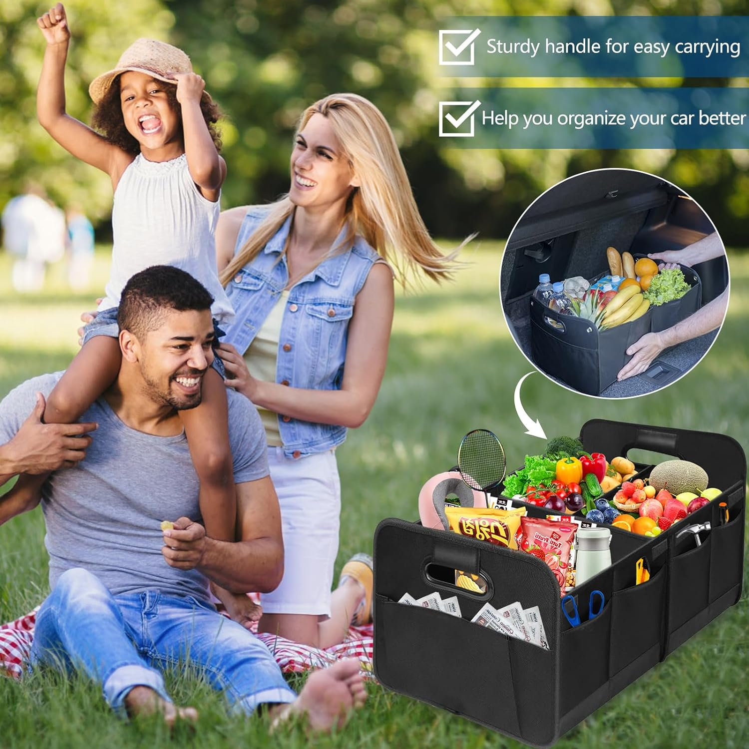 Car Trunk Organizer, Vehicle Boot Storage Bag, Super Capacity Seatback Collapsible Adjustable Compartment Reinforced Handles Trunk Tidy Cargo Organiser 600D for Sedan SUV RV ORV image number 1