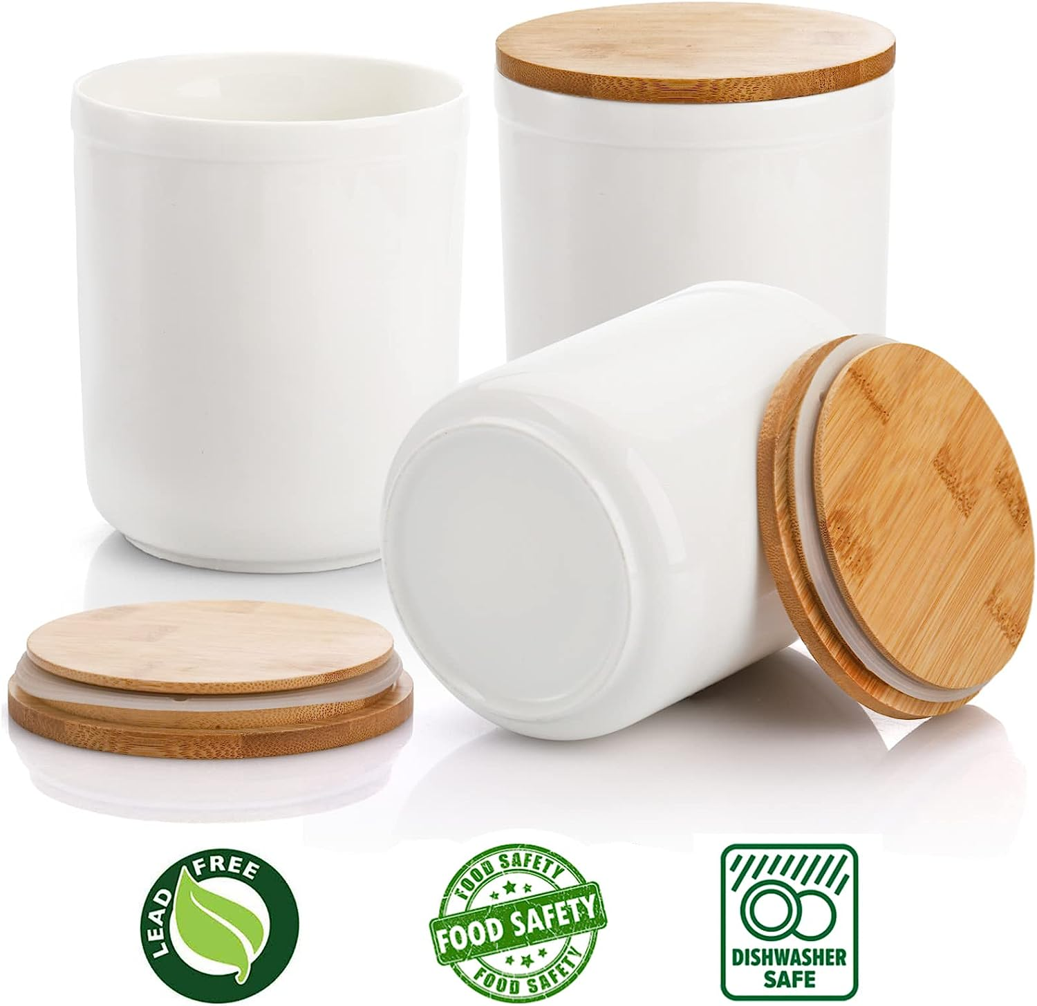 AVLA 3 Pack Ceramic Food Storage Jars with Bamboo Lids, 36 FL OZ White Kitchen Canisters Airtight Container for Serving Ground Coffee, Cookie, Tea, Sugar, Salt, Spices, Flour image number 3