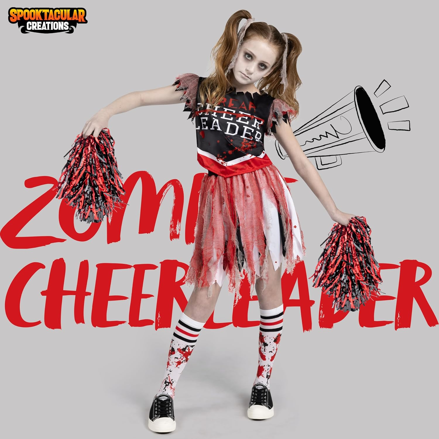 Spooktacular Creations Zombie Halloween Cheerleader Costume, Girls Scary Cheerleading Outfit for Halloween Role Play Parties image number 2