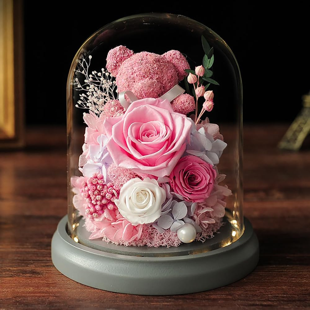 Pink Eternal Rose in Glass Dome with Moss Bear | Romantic Valentine'S Her | Long-Lasting Floral Arrangement | Home Decor with Warm Night Light (Pink) image number 1