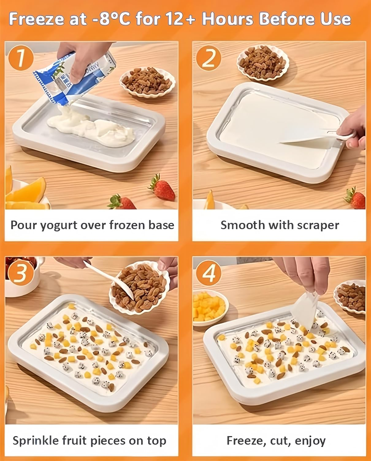 Large Size 26X21X3.5Cm(10.2 X 8.27 X 1.38 In) Ice Cream Maker Machine, Frozen Yogurt Sorbet Roller Pan with Instant Cold Plate & 2 Scrapers, for Soft Ice Cream Gelato Milkshake Smoothie image number 2