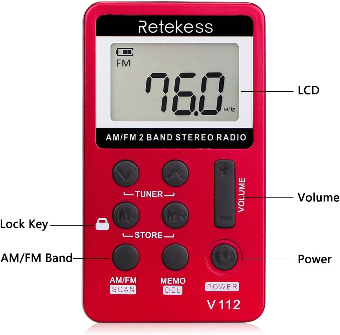Retekess V112 Portable Pocket AM FM Radio Digital Tuning Mini Little Radios with Earphone Rechargeable Battery LCD Screen for Walk Running Kids Senior Adults (Red+Gold)