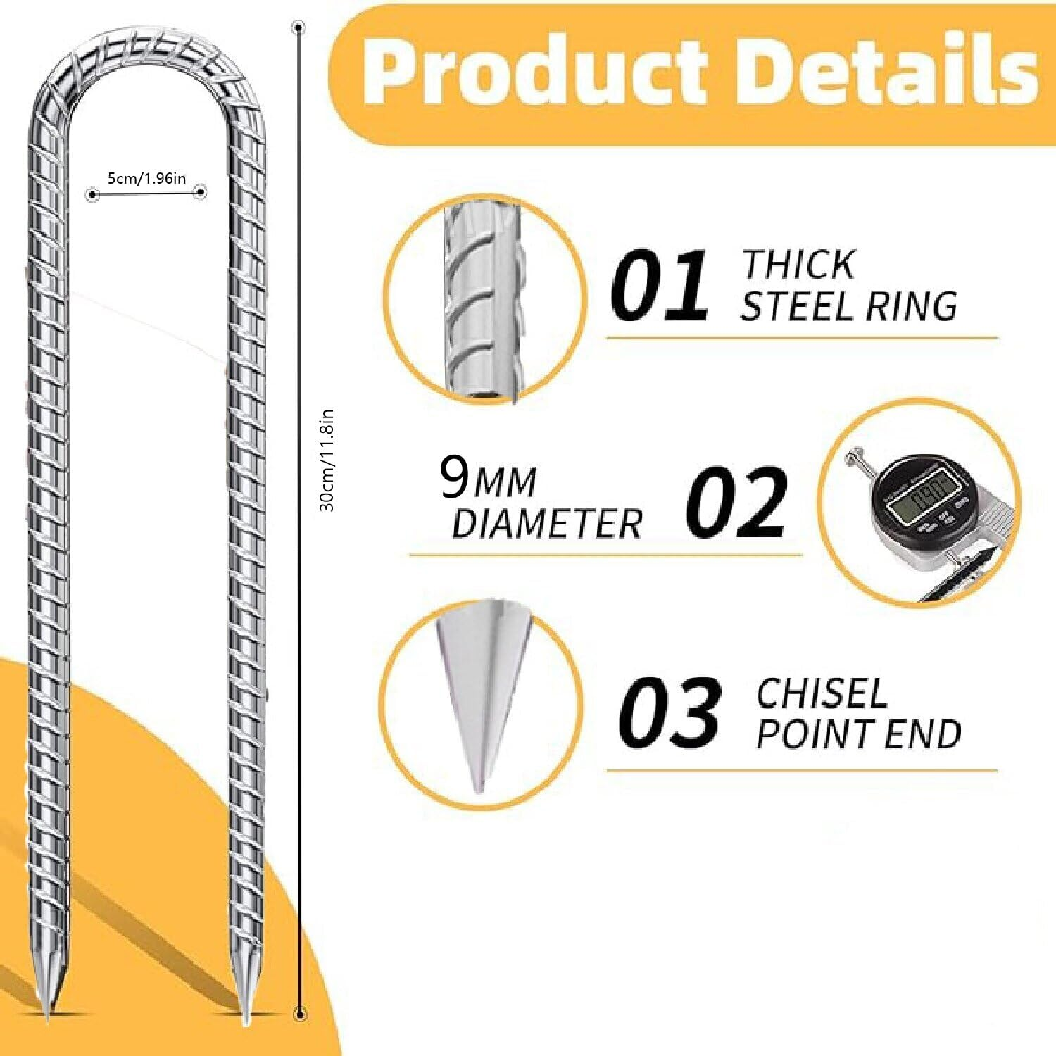 6Pcs 12 in Rebar Ground Tent Stakes, Heavy Duty Galvanised Ground Anchor, U-Shaped Tent Pegs, Nails, Building Anchor, Metal Fence Stakes for Canopies Shed Swing Trampoline image number 3