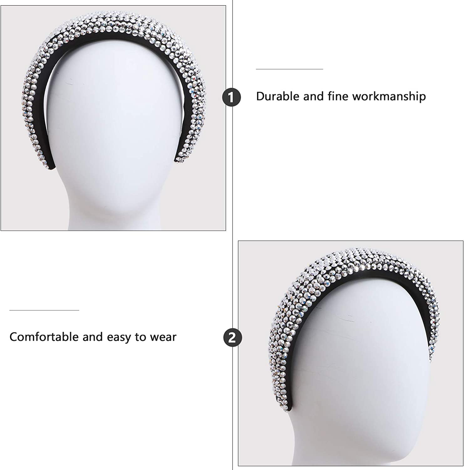 FRCOLOR Hair Makeup Headbands Silver Rhinestone Headbands for Women Girls Shiny Headdress Fashion Hairband Wide Beaded Band Accessories Black Wedding Decor