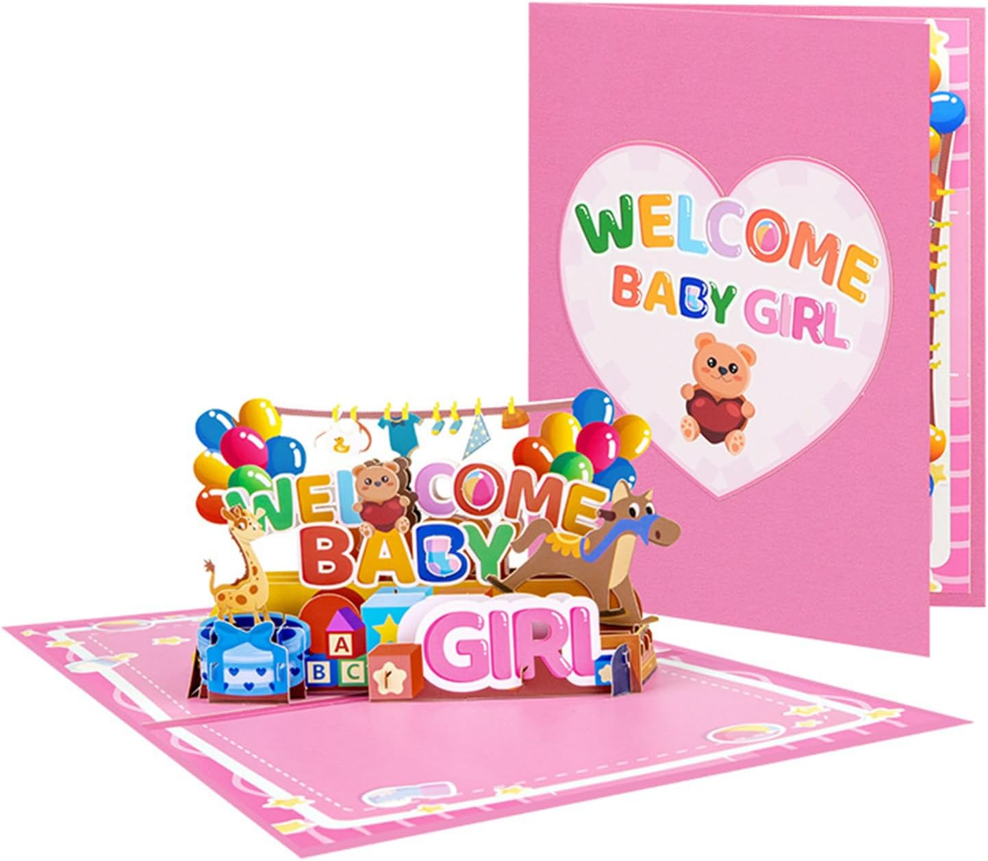 New Baby Girl Card - "Welcome Baby Girl" 3D Pop-Up Shower Card with Gifts & Animals, Pink Gender Reveal Greeting Card for Newborn - Includes Blessing Tag & Envelope (7.87"X5.91")