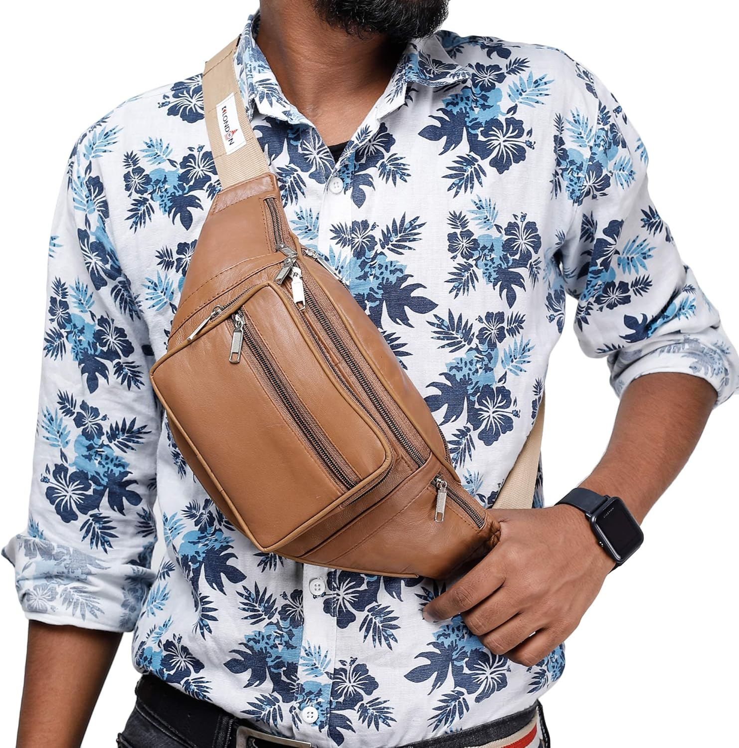 K London Leather Tan Men Women Waist Bag Fanny Bag Travel Pouch Passport Holder (1446_Tan), Beige, L, Fashion Waist Packs image number 2