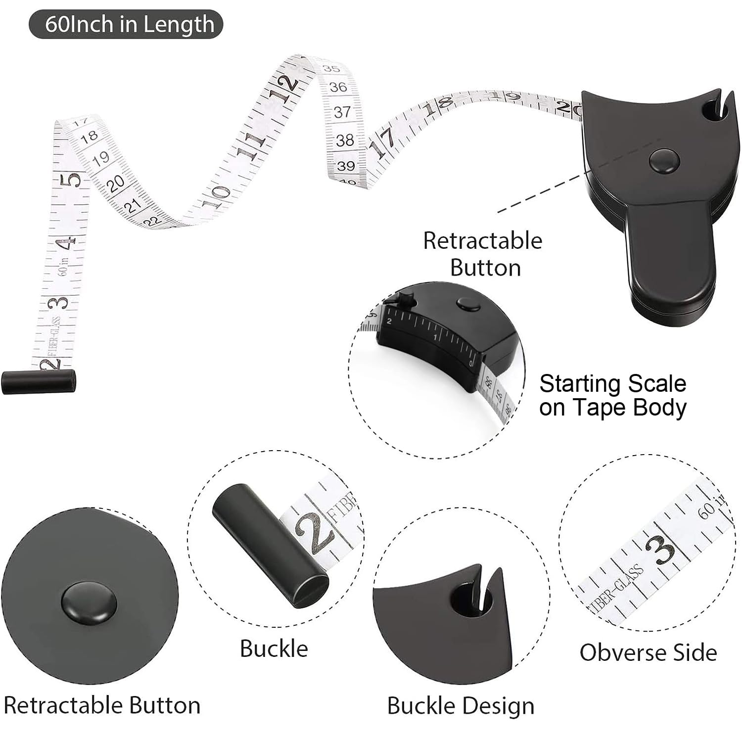 2 Pieces Body Tape Measure, Retractable Measuring Tape for Body Waist Hip Bust Arms Fabric Sewing Tailor Cloth Knitting Craft Measurement 1.5M