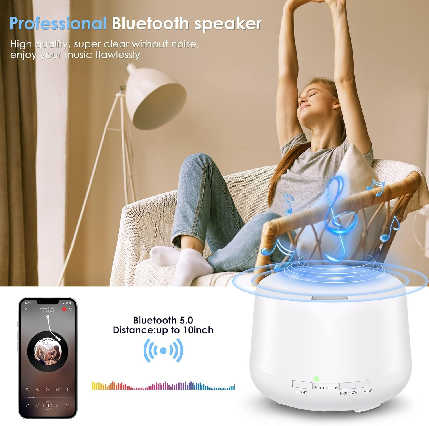 Humidifier Oil Fragrance Diffuser Bluetooth Speaker 5.0, 500ML Aromatherapy Diffusers for Aroma Essential Oils Large Room Bedroom Office Home 14 Colors Night Light with Remote, 4 Timers image number 3