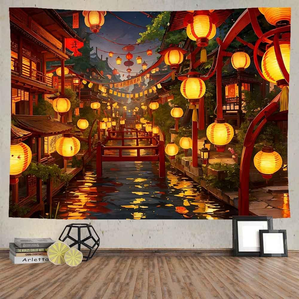 Ine Ive Japanese Tapestry Wall Hanging 80X60 Inches Japan Streets Filled with Lanterns Tapestry for Bedroom Living Room Dorm Decor image number 5