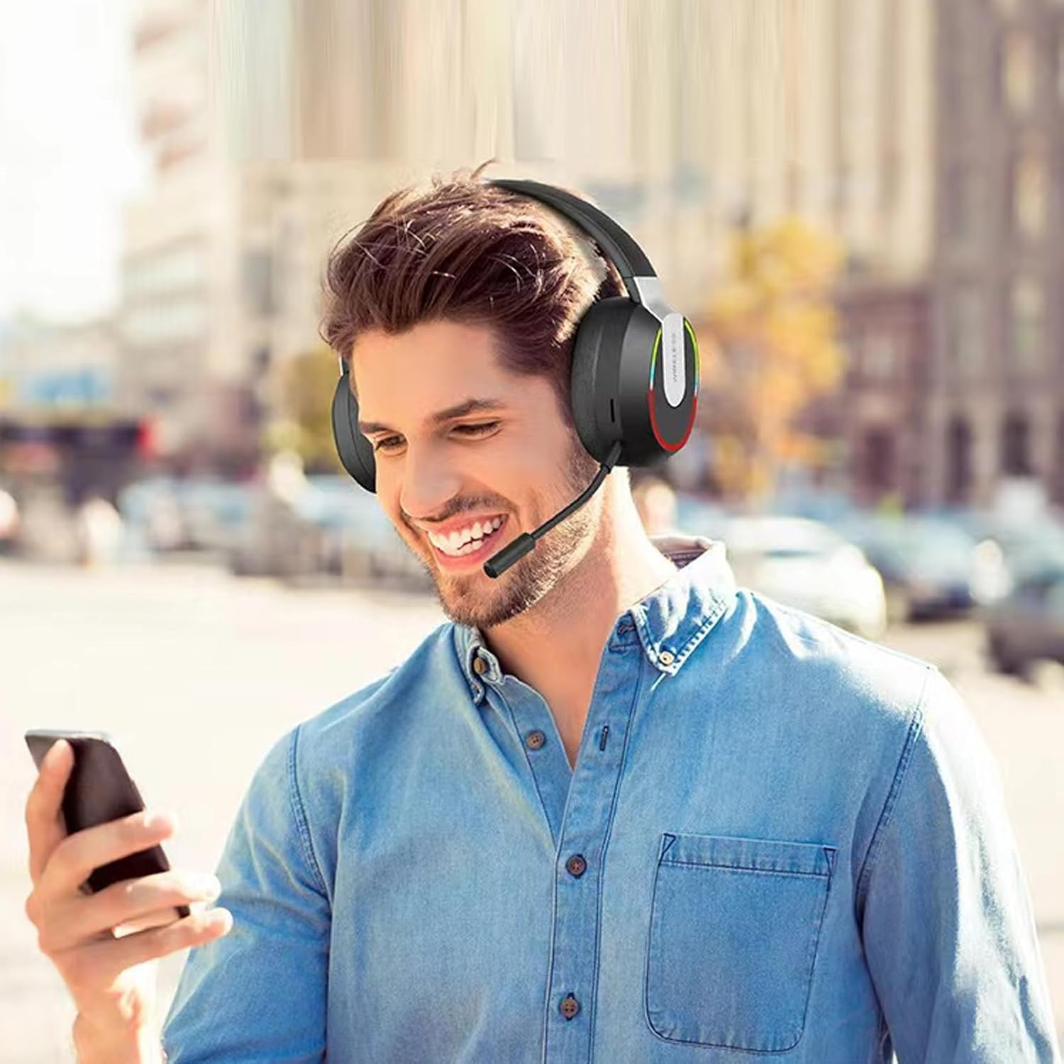 Wireless Gaming Headset with Detachable Microphone, RGB Light Noise Canceling Bluetooth Headphones, 400Mah Full Wrap around over Ear Headphones, for Laptop Computer (Black) - Black image number 5