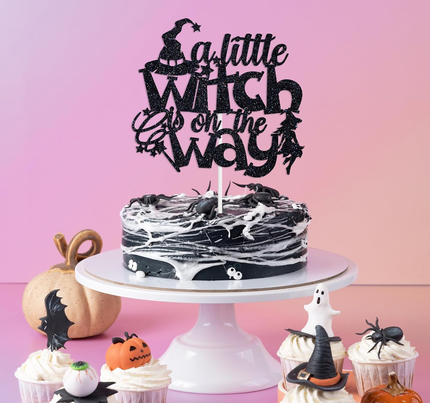 A Little Witch Is on the Way Cake Topper, a Little Boo Is Almost Due Cake D&eacute;cor, Halloween Baby Shower/Gender Reveal/First Birthday Party Decorations Supplies, Black Glitter image number 4