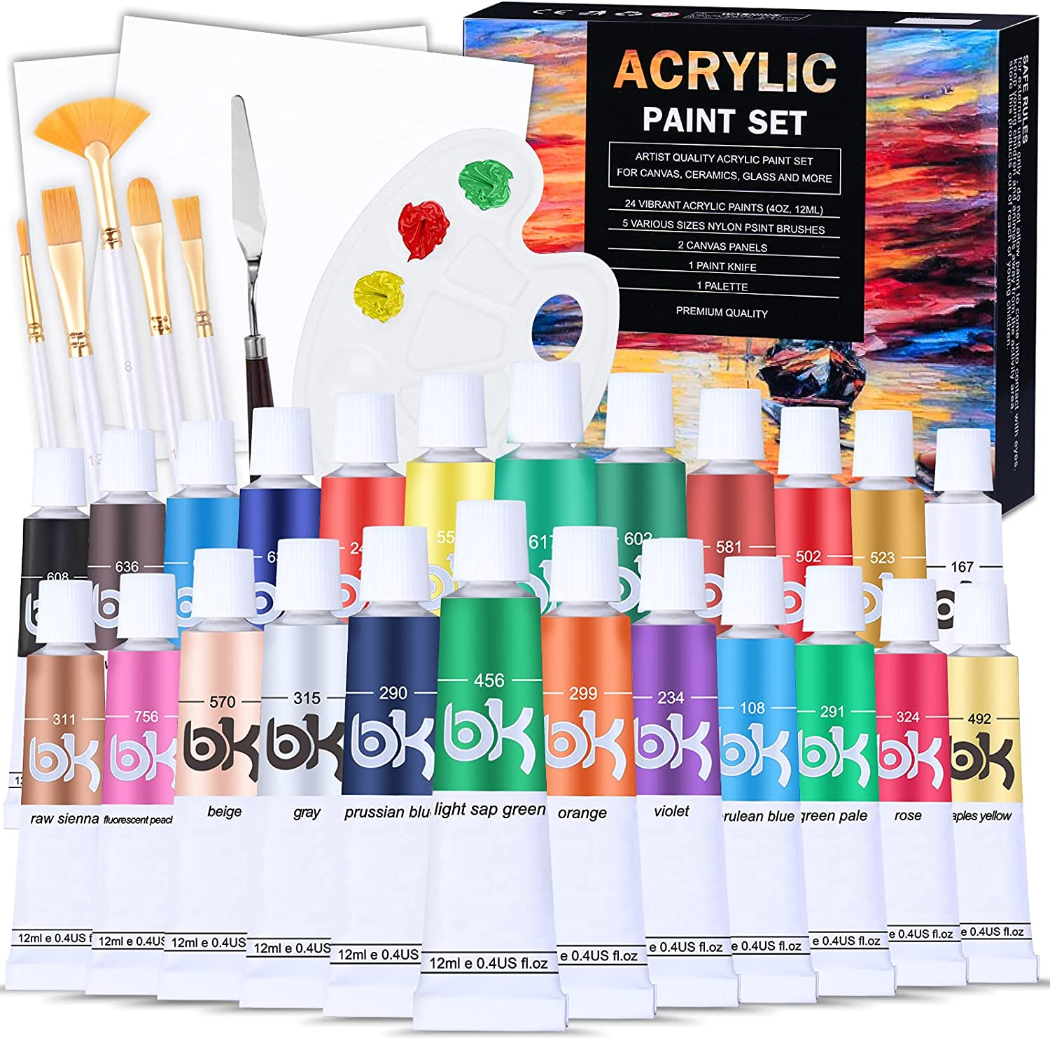 Aottom 33 Piece Canvas Acrylic Paint Set, 24 X Tube Acrylic Paints with 5 X Brush Set + 2 X Canvas + 1 X Mixing Knife Acrylic Paint Set for Stones, Paper, Wood Acrylic Paints for Artists, Beginners image number 5
