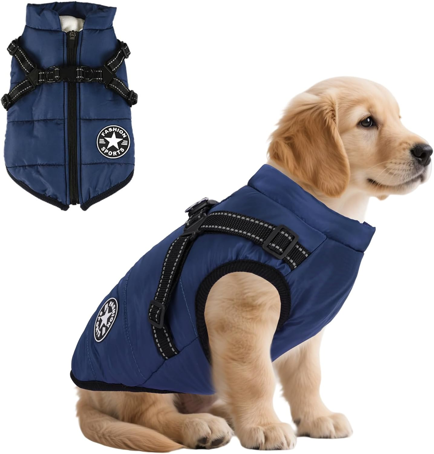 Reflective Padded Dog Jacket with Built-In Harness, Water-Resistant Winter Dog Coat with D-Ring Leash & Fur-Safe Zipper, Warm Windproof Coats for Small Dogs and Kittens (Blue, L) image number 2