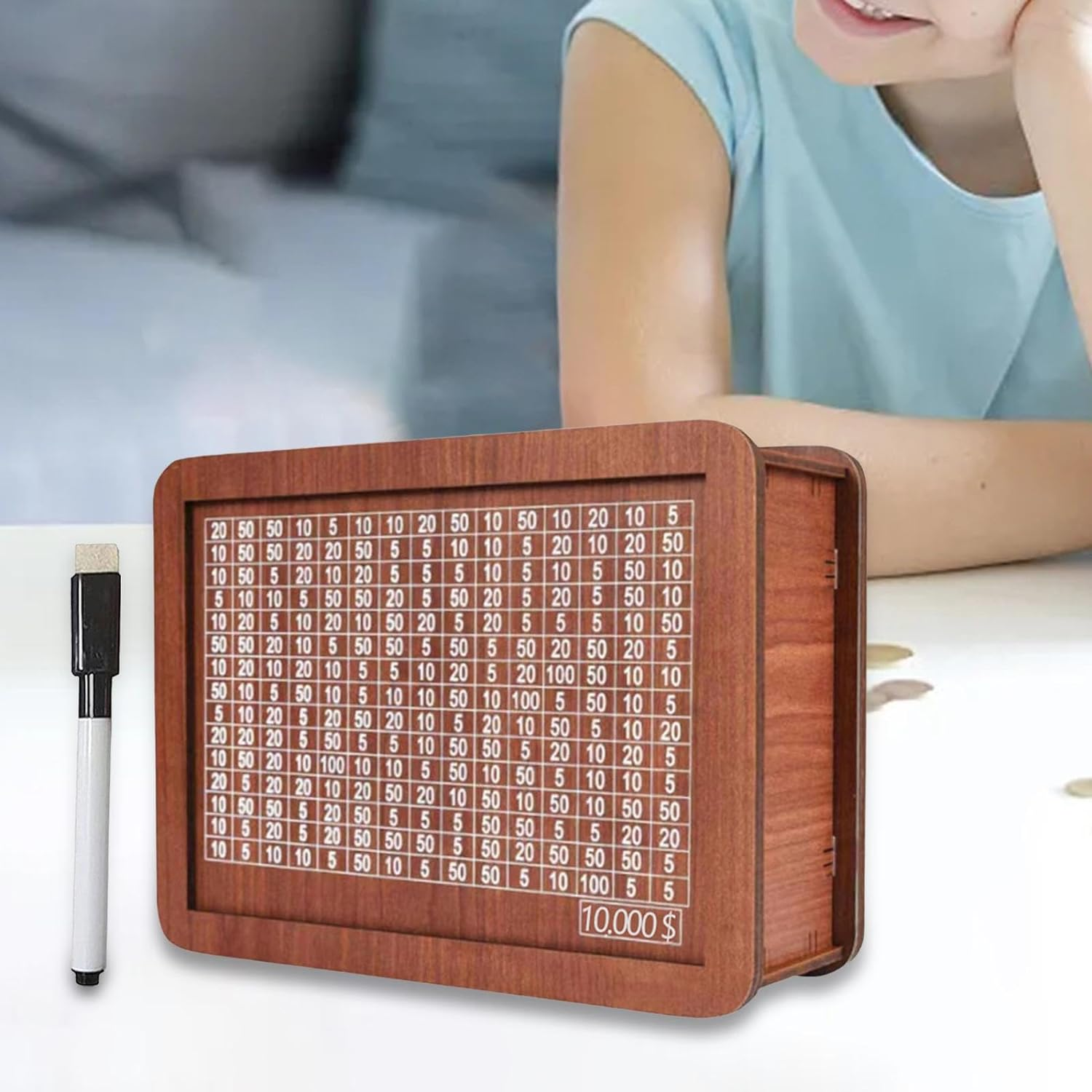 Wooden Money Box Money Saving Box with Counter with Numbers Piggy Bank for Boys Girls, 10000 Dollar