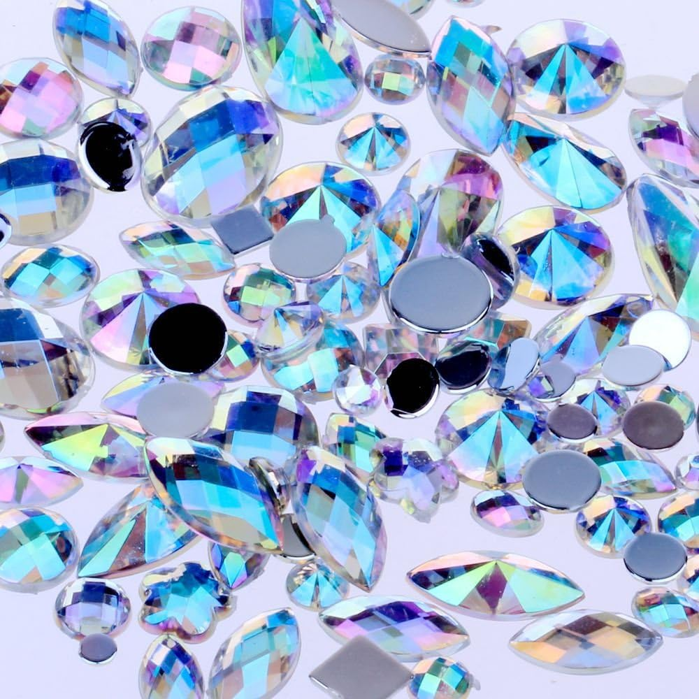 Mix Sizes 300Pcs Crystal Clear AB Nail Art Rhinestones DIY Non Hotfix Flatback Acrylic Nail Stones Gems for 3D Nails Art Decorations Lake Blue AB