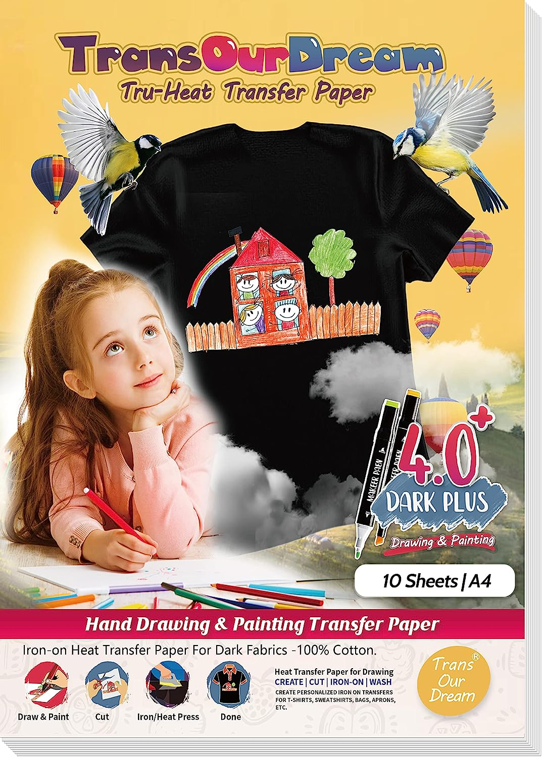 Transourdream Draw Iron on Heat Transfer Paper for T Shirts (10 Sheets A4, Dark 4.0 Plus) Drawable HTV Heat Transfer Vinyl for Inkjet Printer DIY Iron on Transfers for T Shirts (TRANS-D4-20)