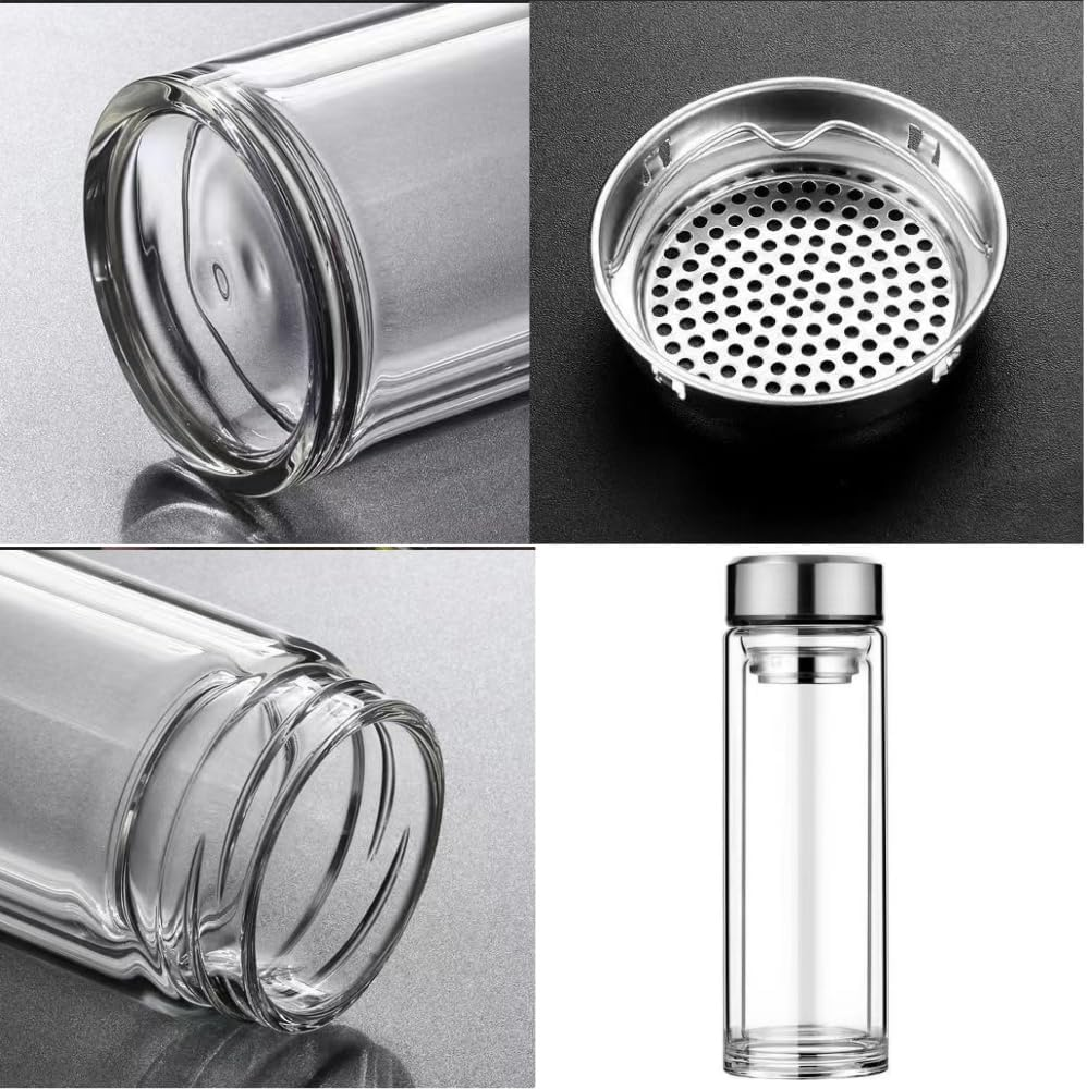 1Pcs Portable Glass Cup Water Jug Insulated Double Wall Insulated Water Bottle Tea Tumbler Jug Portable Infuser Silver