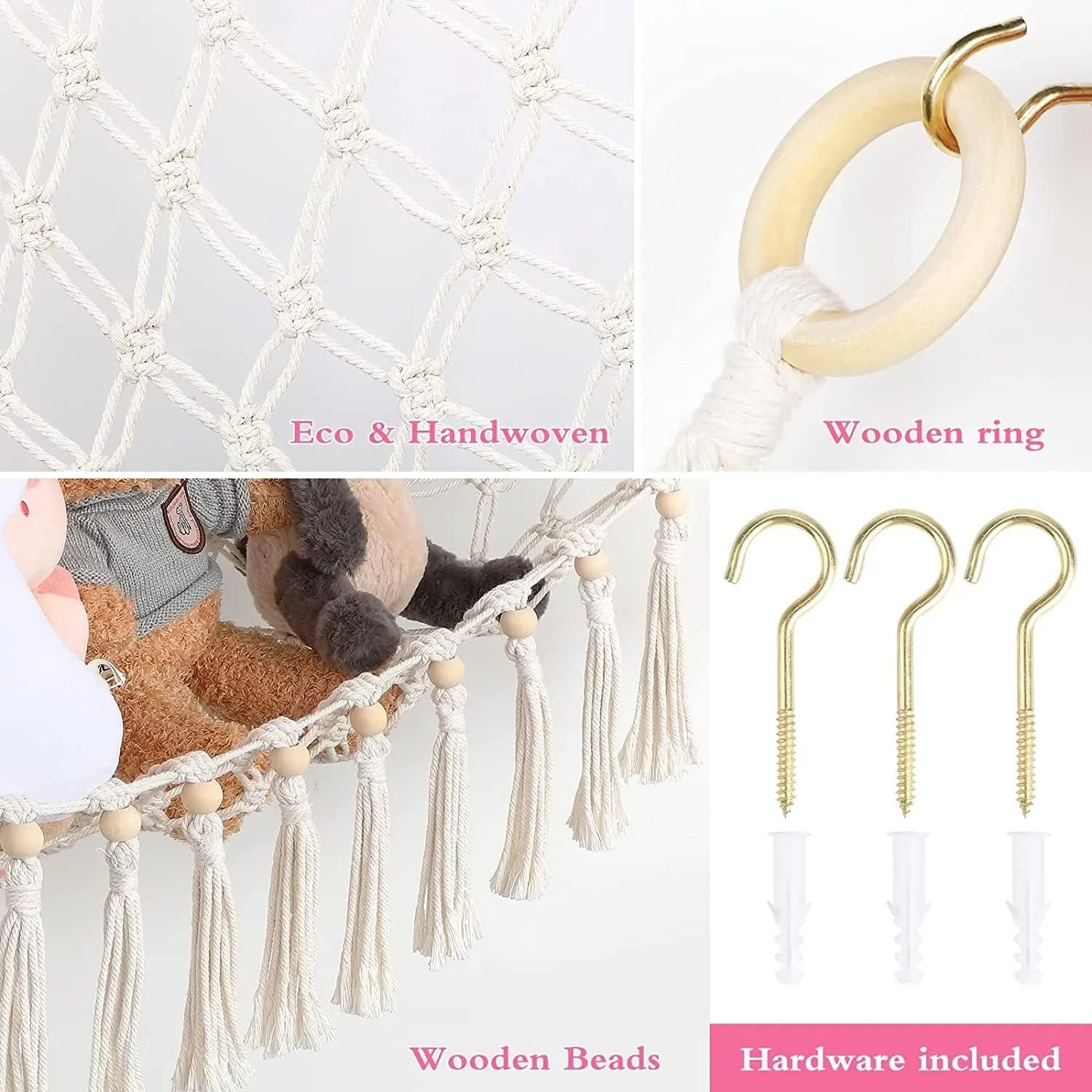 Stuffed Animal Toy Hammock Corner Organizer Display Rack - Bohemian Net Bag for Hanging Toys - 44 in Tassel Storage Rack image number 3