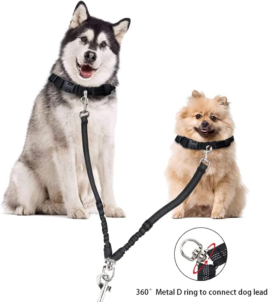 Double Dog Lead Coupler, No Tangle 360&deg;Swivel Rotation Two 2 Dog Lead Splitter, Heavy Duty Adjustable Bungee Reflective Dual Dog Leash for Walking Medium Large Dog (Black-Small) image number 2