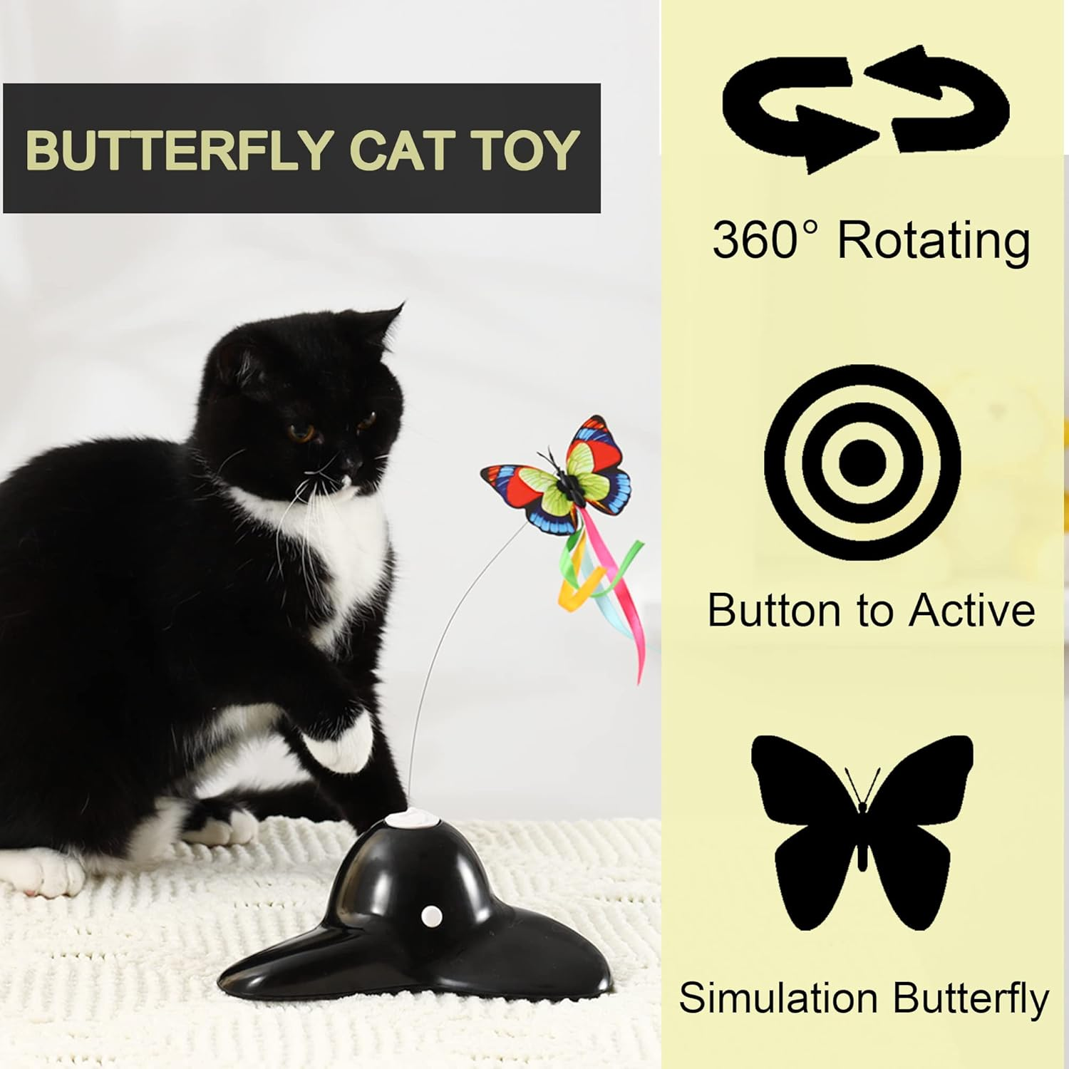 Vealind Indoor Interactive Play Teaser Cat Toy with 360&deg;Electric Rotating Butterfly (Black) - Butterfly Replacements image number 6
