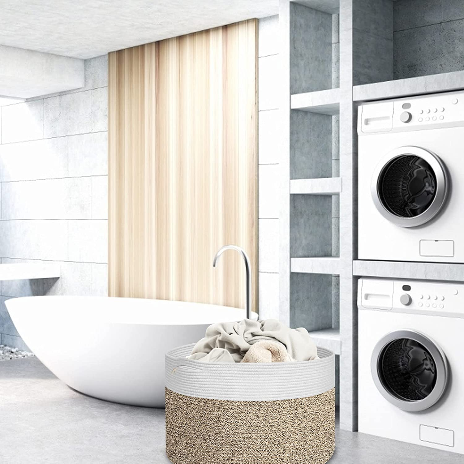 Extra Large 100% Cotton Rope Basket 21.7" &times; 21.7" &times; 13.8", SONPENT Woven Storage Laundry Basket Cotton Basket Pillows Storage Bin with Handle for Living Room Home Decor image number 6