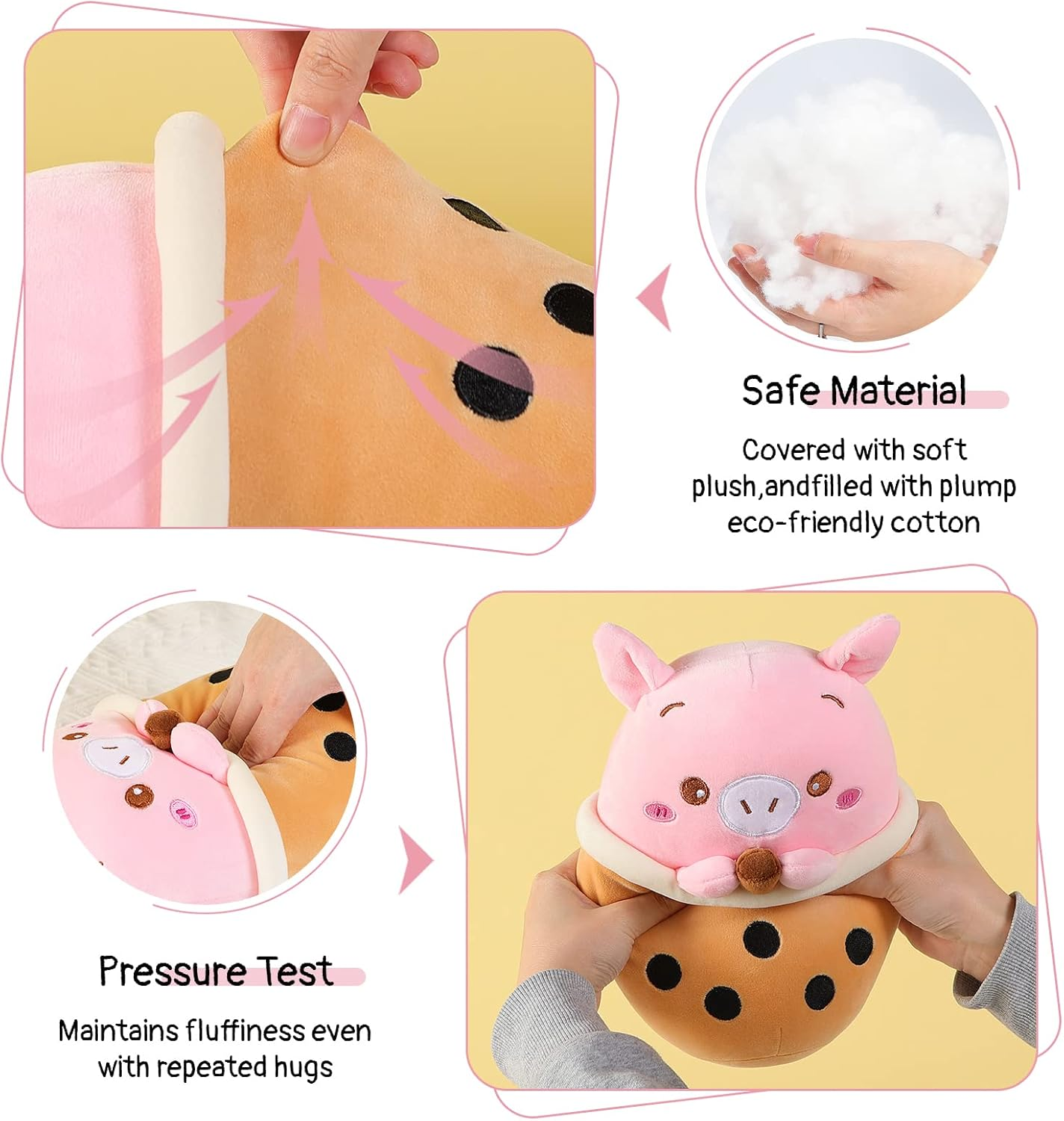 AIXINI 10 Inch Cute Pig Boba Plush Stuffed Squishy Animal Bubble Tea Pillow,Super Soft Cartoon Hugging Toy Gifts for Bedding, Kids Sleeping Kawaii Pillow