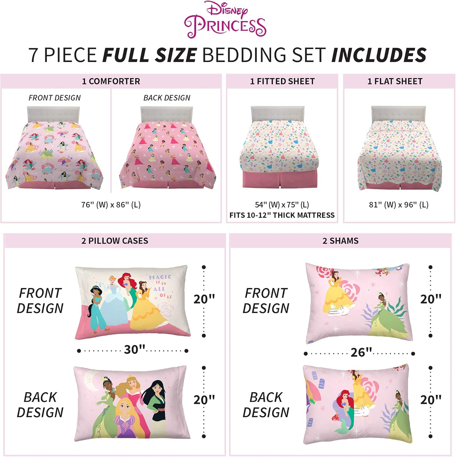 Franco Disney Princess Kids Bedding Super Soft Comforter and Sheet Set with Sham, 7 Piece Full Size, Official Disney Product by (Prints May Vary) image number 4