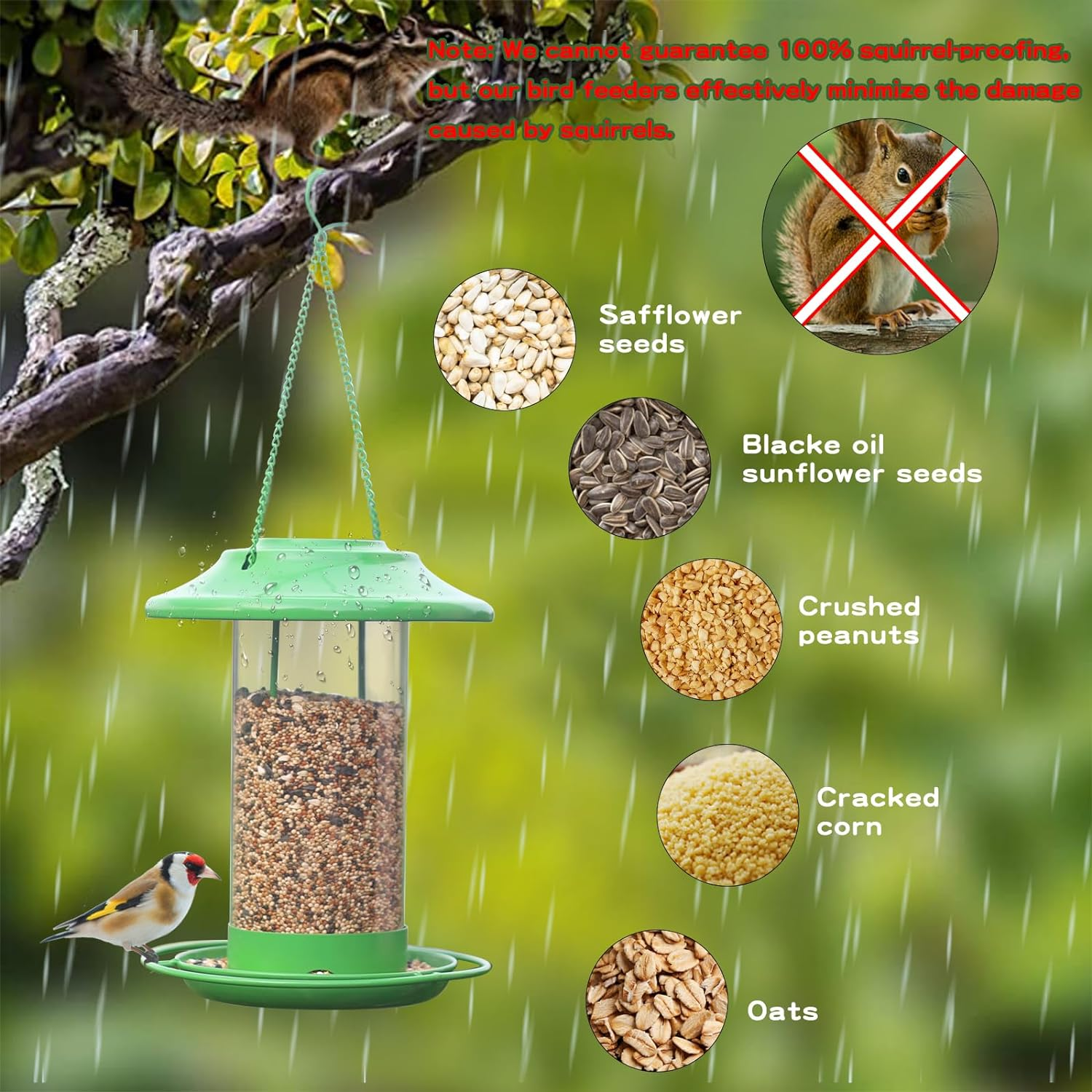 Bird Feeders Outdoors Hanging Metal: Wild Squirrel Proof Birdfeeder Waterproof - Rainproof Resistant Sunflower Seed Cardinal Birdfeeders Green image number 4