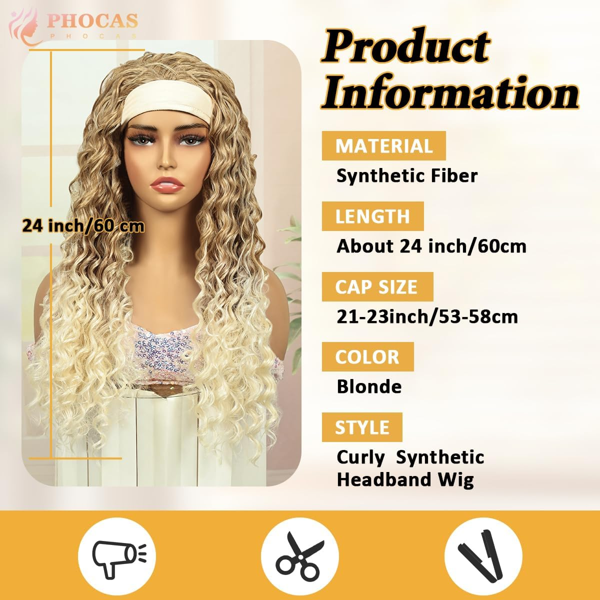 PHOCAS Deep Wave Headband Wig Ombre Blonde Headband Wig Long Curly Synthetic Headband Wig for Women Daily Use 23''/58Cm