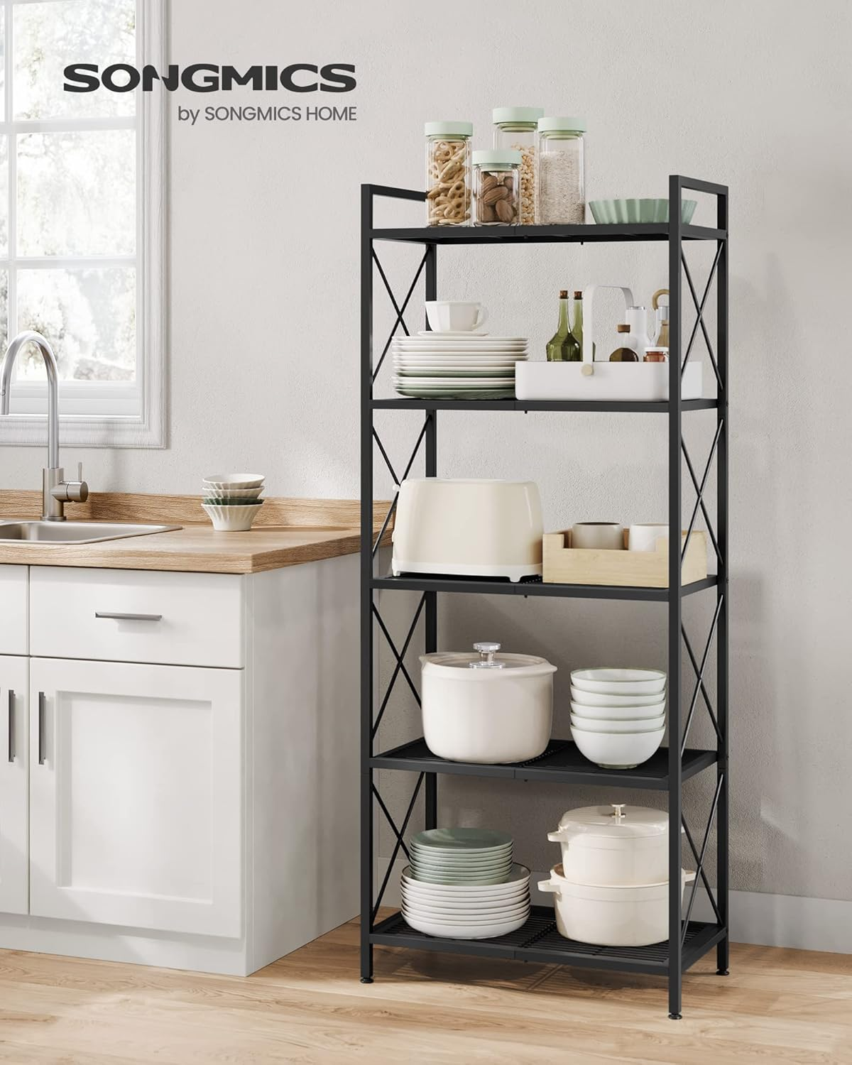 SONGMICS 5-Tier Metal Storage Rack, Shelving Unit with X Side Frames, Dense Mesh, 12.6 X 23.6 X 57.3 Inches, for Entryway, Kitchen, Living Room, Bathroom, Industrial Style, Black UBSC165B01 image number 5