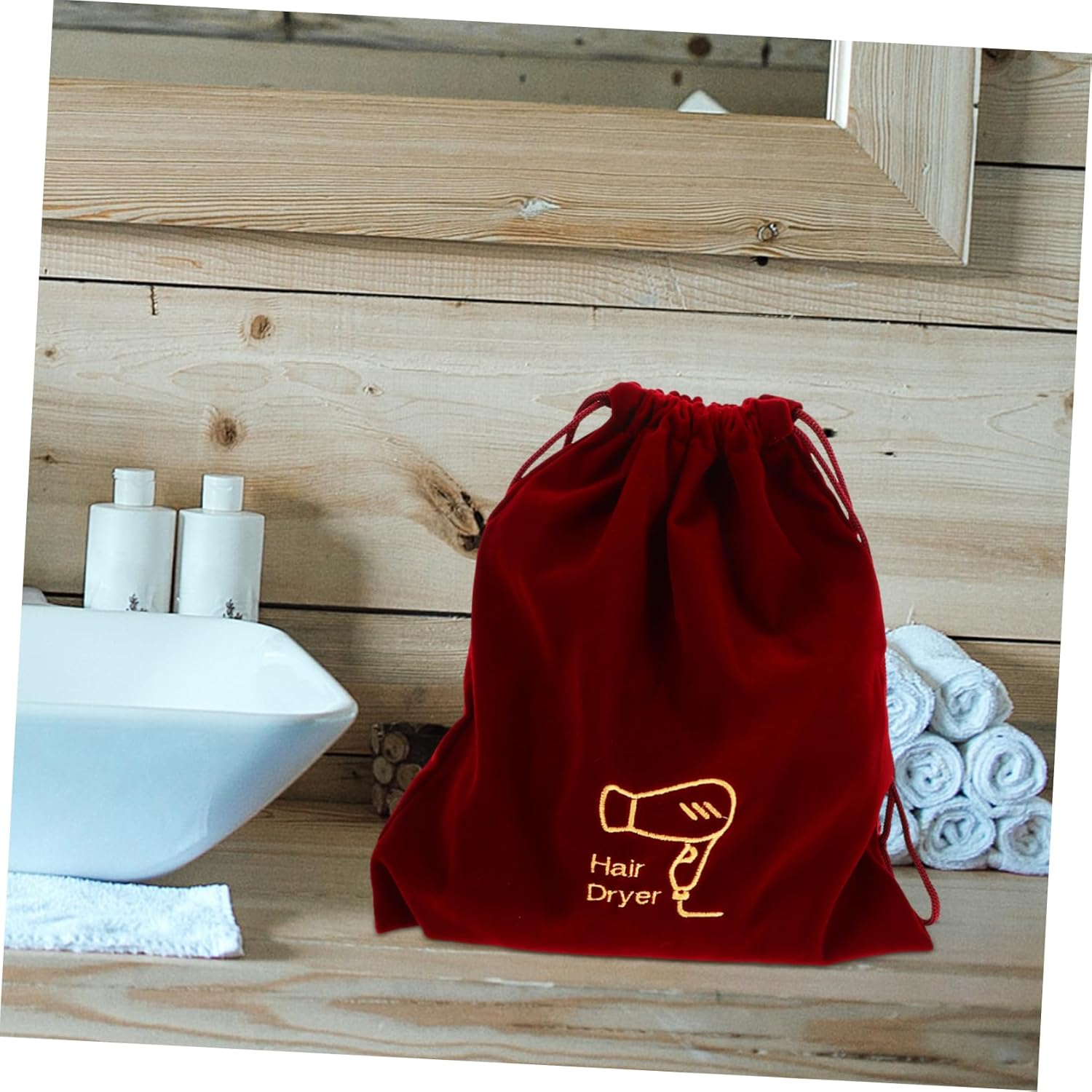 Drawstring Flannel Hair Dryer Bag 26X30Cm Velvet Travel Storage Organizer for Hair Styling Tools Portable Hairdryer Case in Maroon image number 3