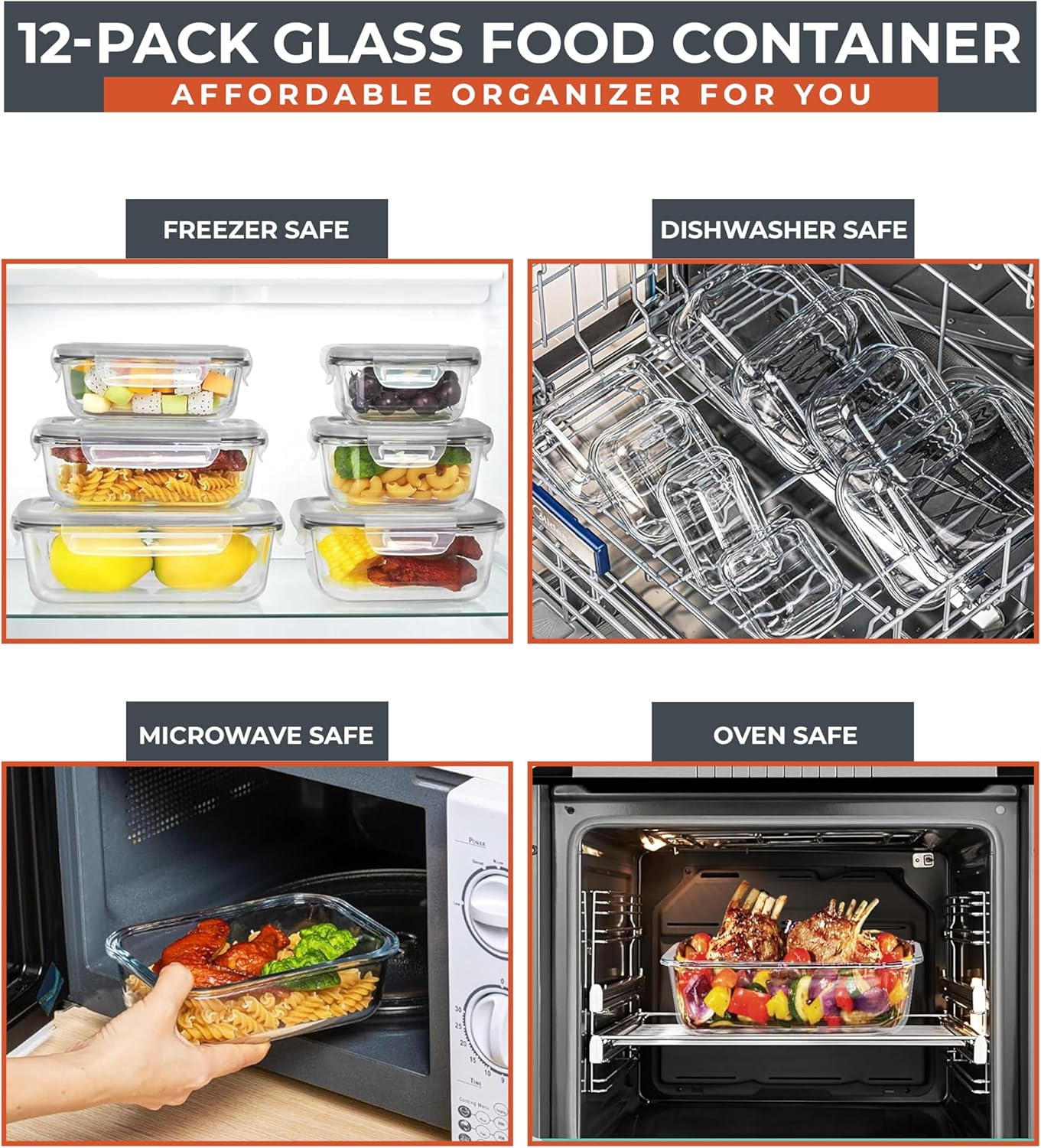 RFAQK Glass Food Storage Containers with Lids 24 Pcs (35Oz-11Oz) Airtight Glass Meal Prep Container for Kitchen Storage & Organisation- Leakproof Lunch Box Safe for Oven,Freezer, Dishwasher image number 1