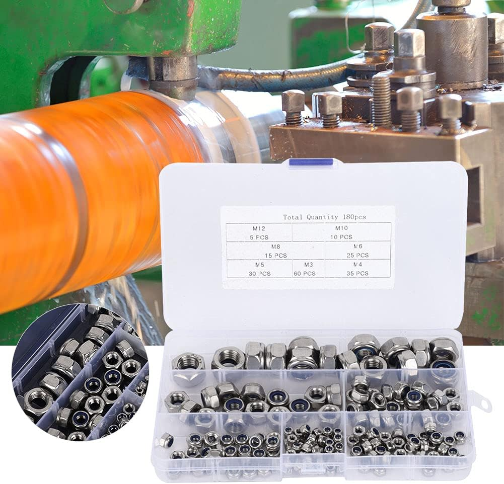 M3 M4 M5 M6 M8 M10 M12 Self-Locking Nuts Set,304 Stainless Steel Hex Nuts Fasteners Kit,With Storage Case (180Pcs)